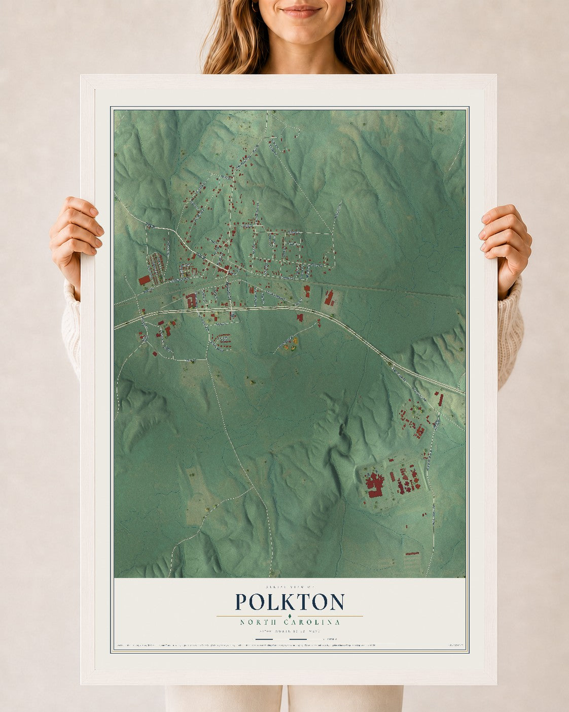 Map of Polkton, North Carolina, 24 x 36 inch print in a white wood frame
