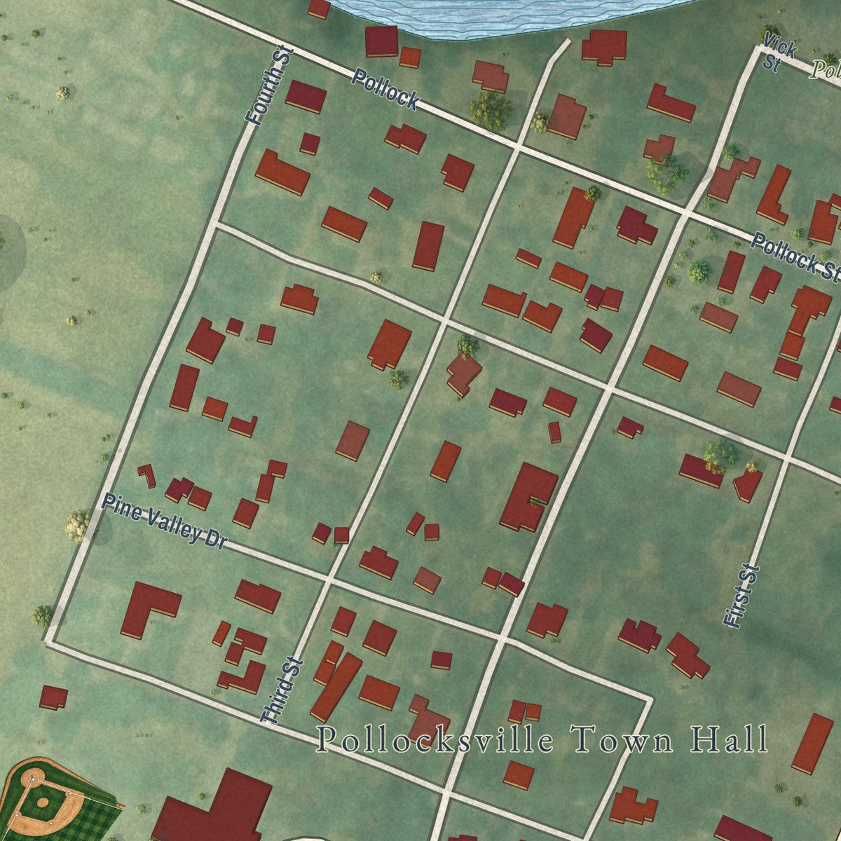 Close-up of the map of Pollocksville, North Carolina print showing street and building detail