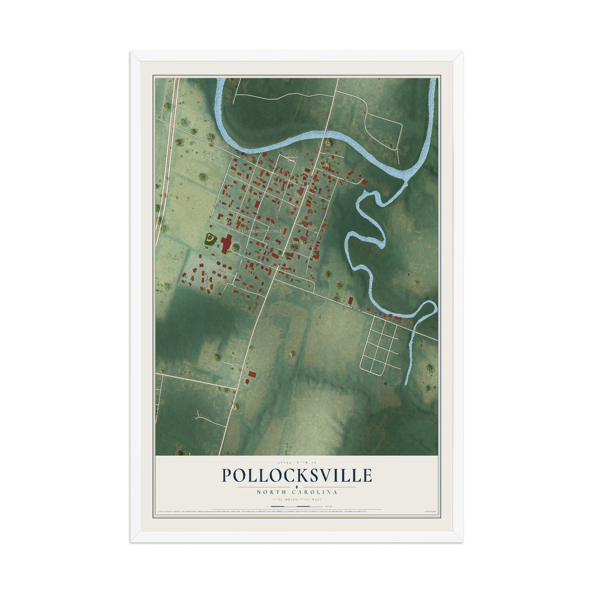 Map of Pollocksville, North Carolina, 12 x 18 inch print in a white wood frame