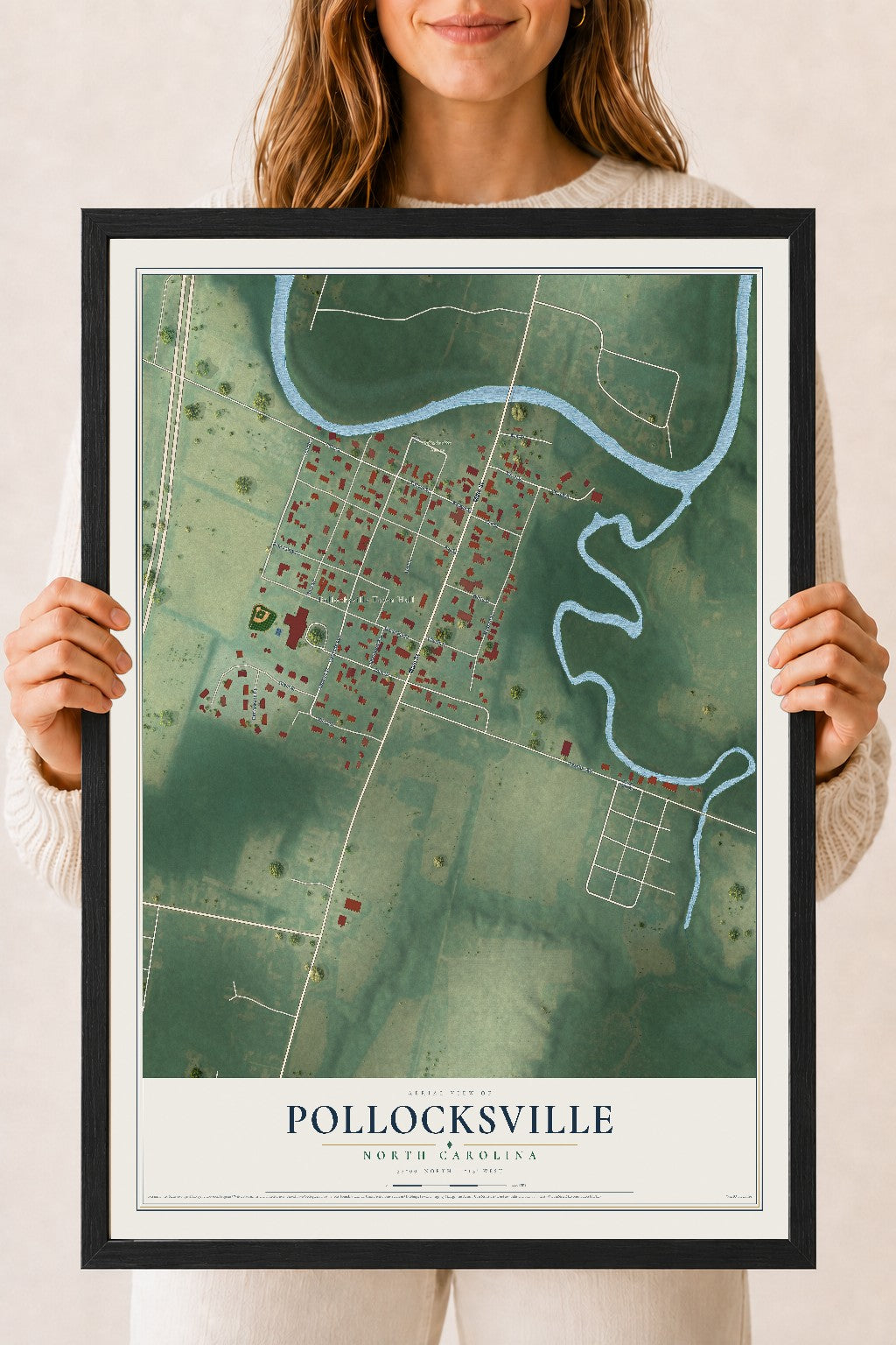 Map of Pollocksville, North Carolina, 18 x 24 inch print in a black wood frame