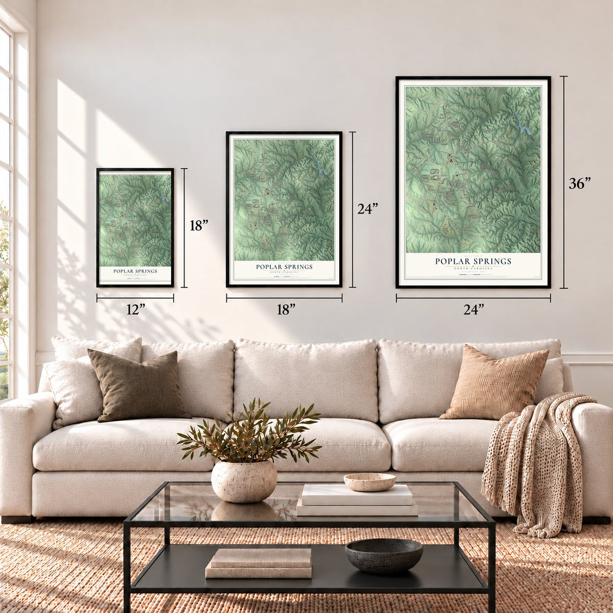 Poplar Springs, North Carolina map in 12 x 18, 18 x 24 and 24 x 36 inch sizes above a sofa