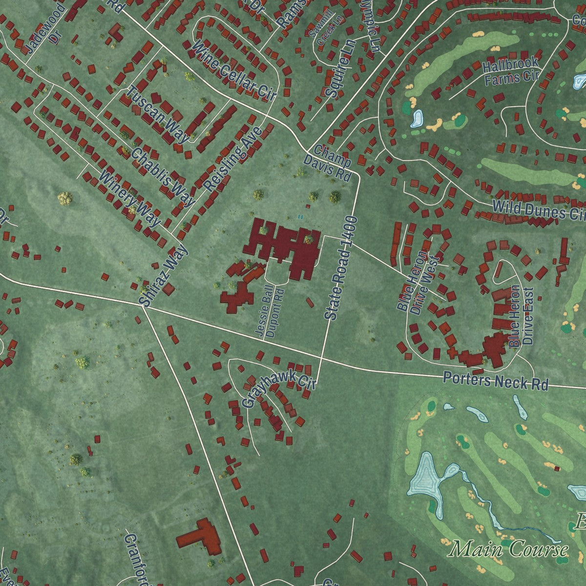 Second close-up of the map of Porters Neck, North Carolina print showing more streets and buildings