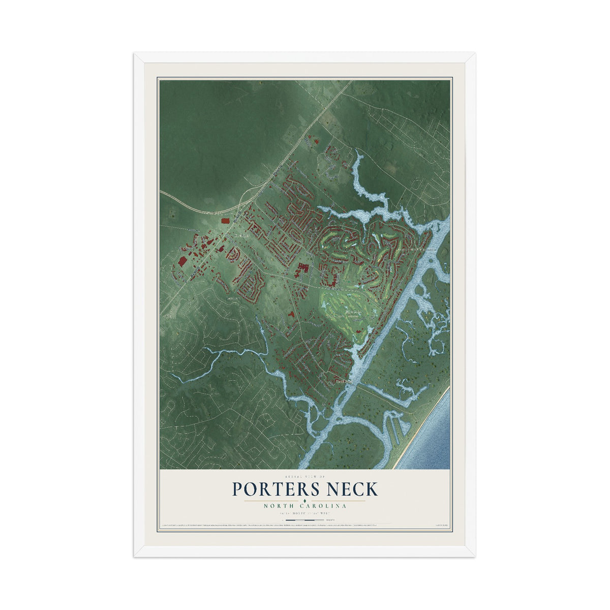 Map of Porters Neck, North Carolina, 12 x 18 inch print in a white wood frame