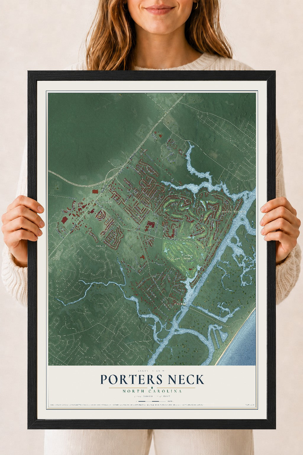 Map of Porters Neck, North Carolina, 18 x 24 inch print in a black wood frame