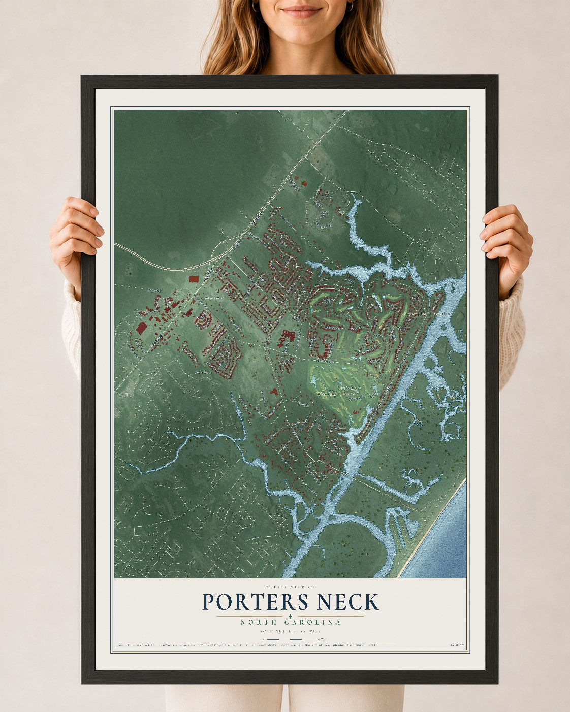 Map of Porters Neck, North Carolina, 24 x 36 inch print in a black wood frame