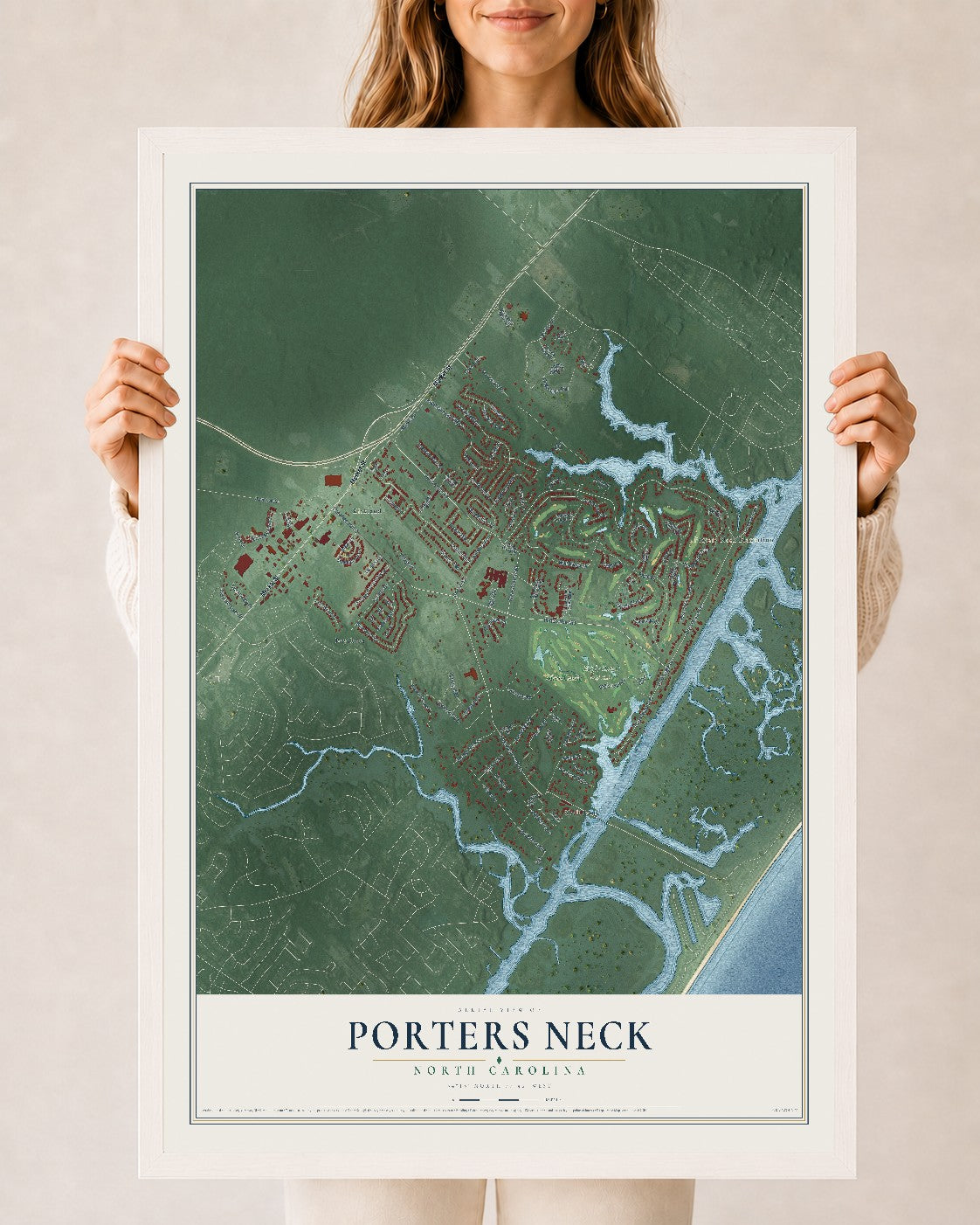 Map of Porters Neck, North Carolina, 24 x 36 inch print in a white wood frame