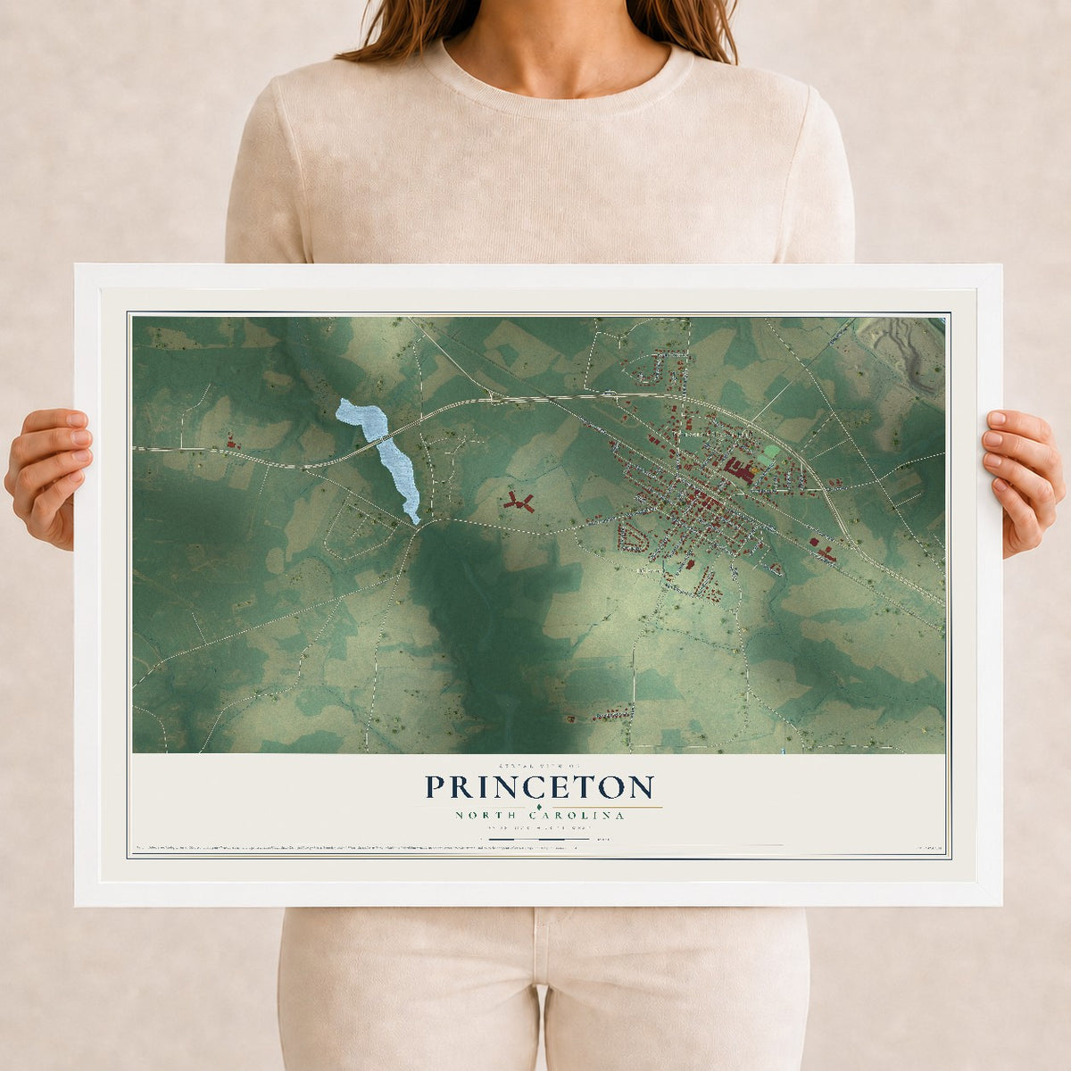 Map of Princeton, North Carolina, 12 x 18 inch print in a white wood frame