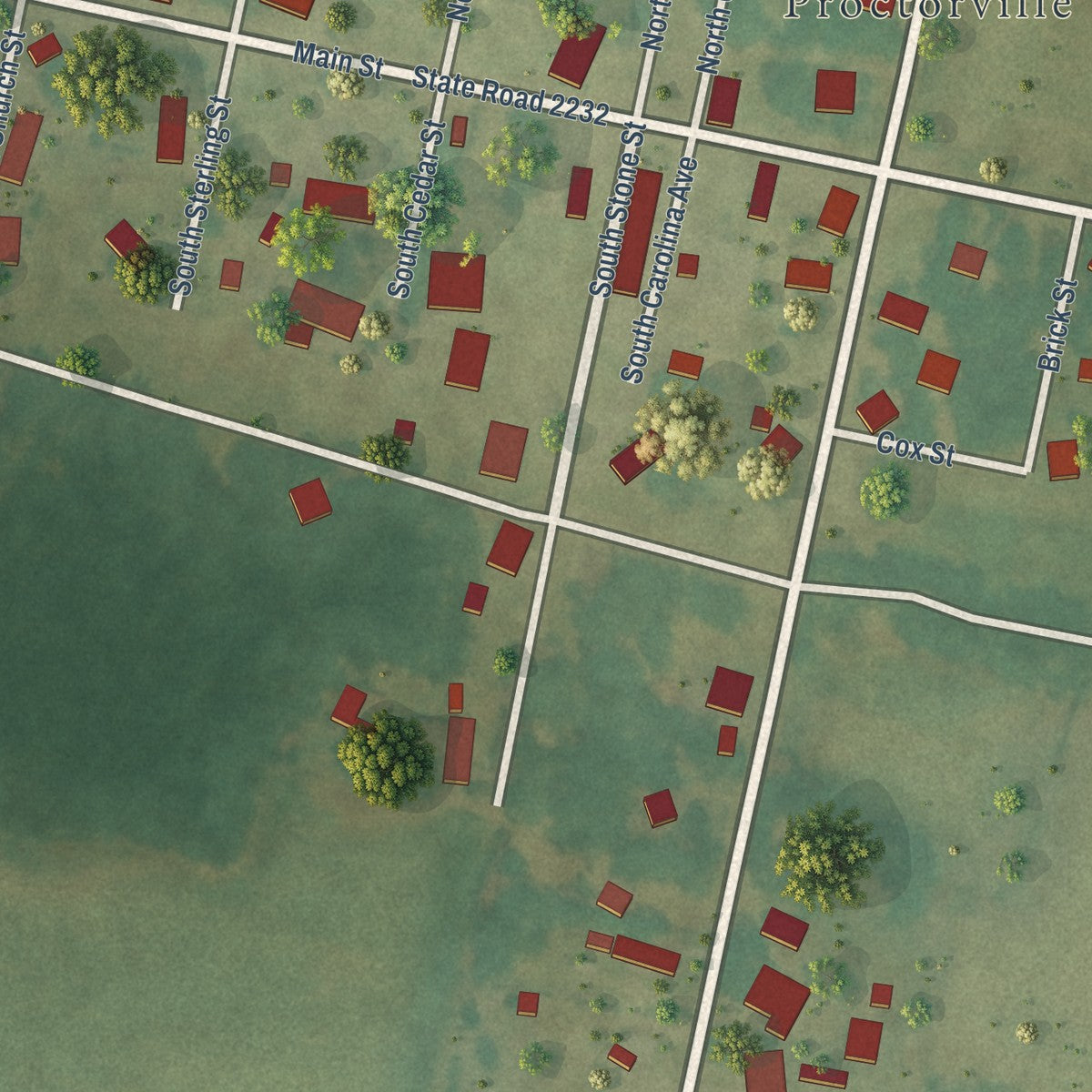 Close-up of the map of Proctorville, North Carolina print showing street and building detail