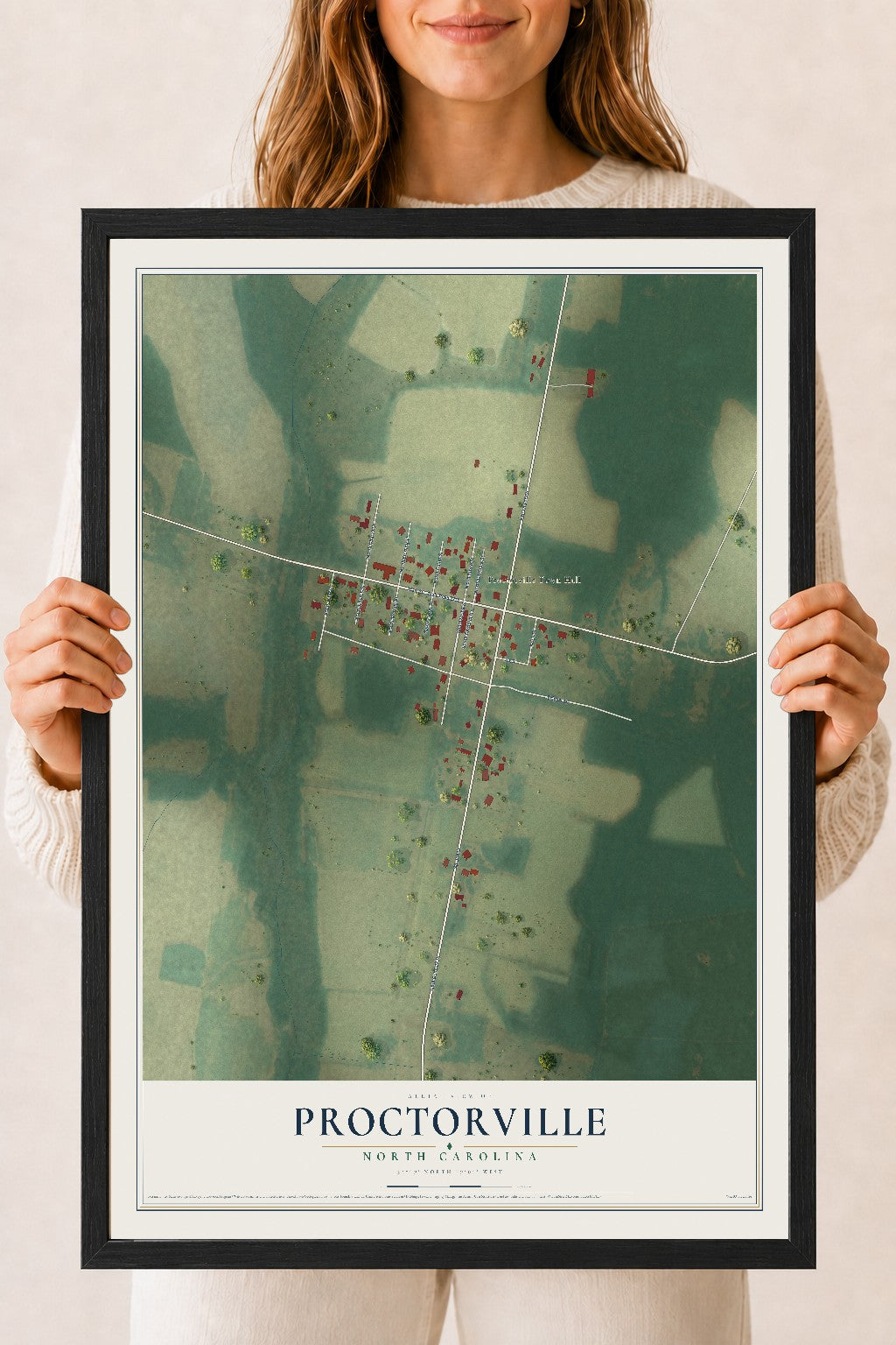 Map of Proctorville, North Carolina, 18 x 24 inch print in a black wood frame