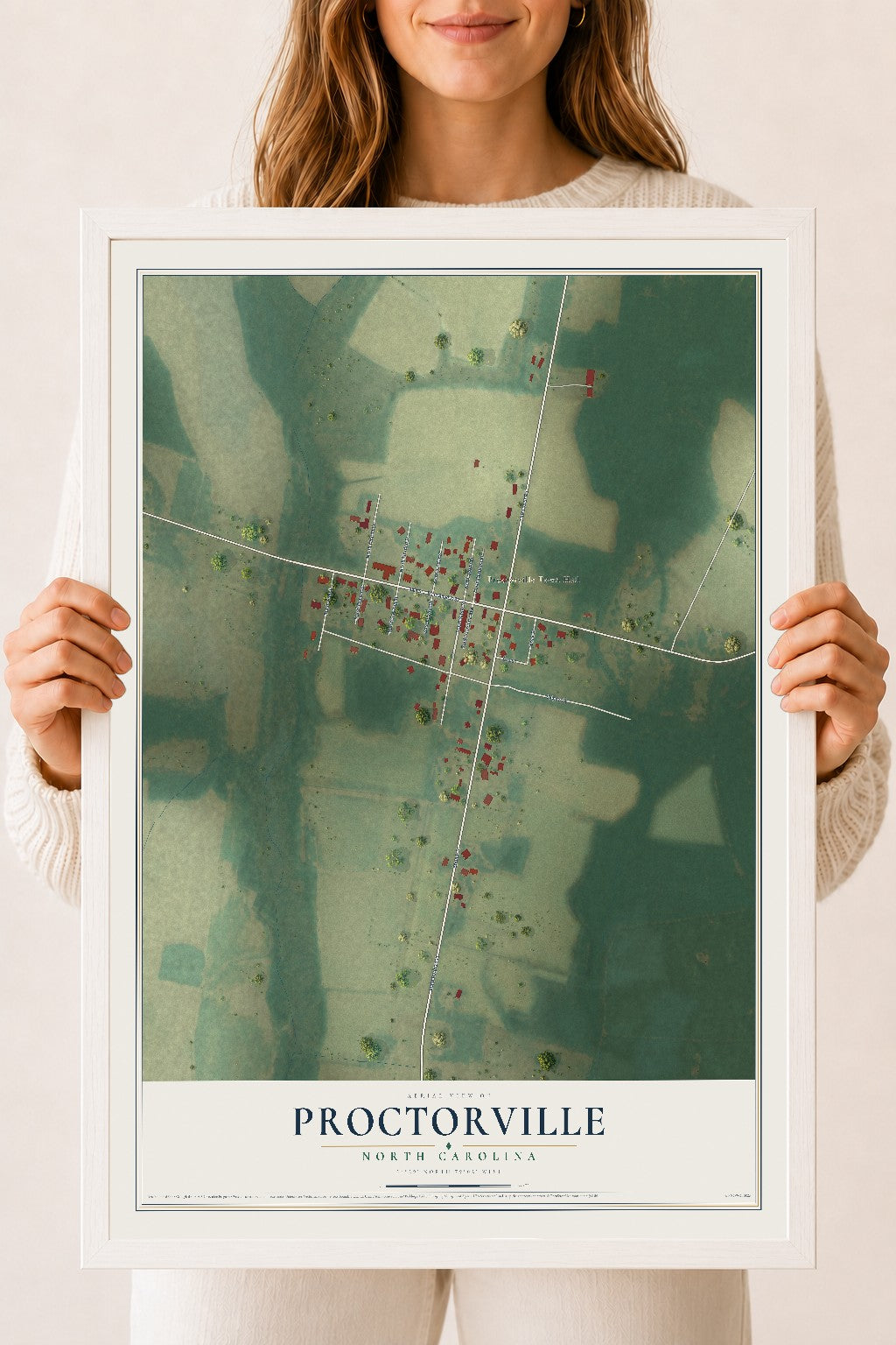 Map of Proctorville, North Carolina, 18 x 24 inch print in a white wood frame