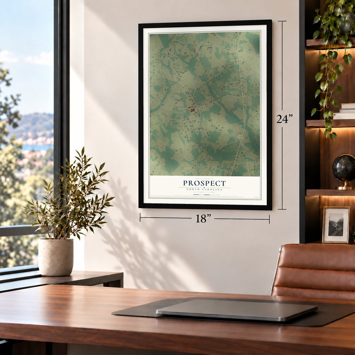 Prospect, North Carolina map, 18 x 24 inch print in a black frame in a home office
