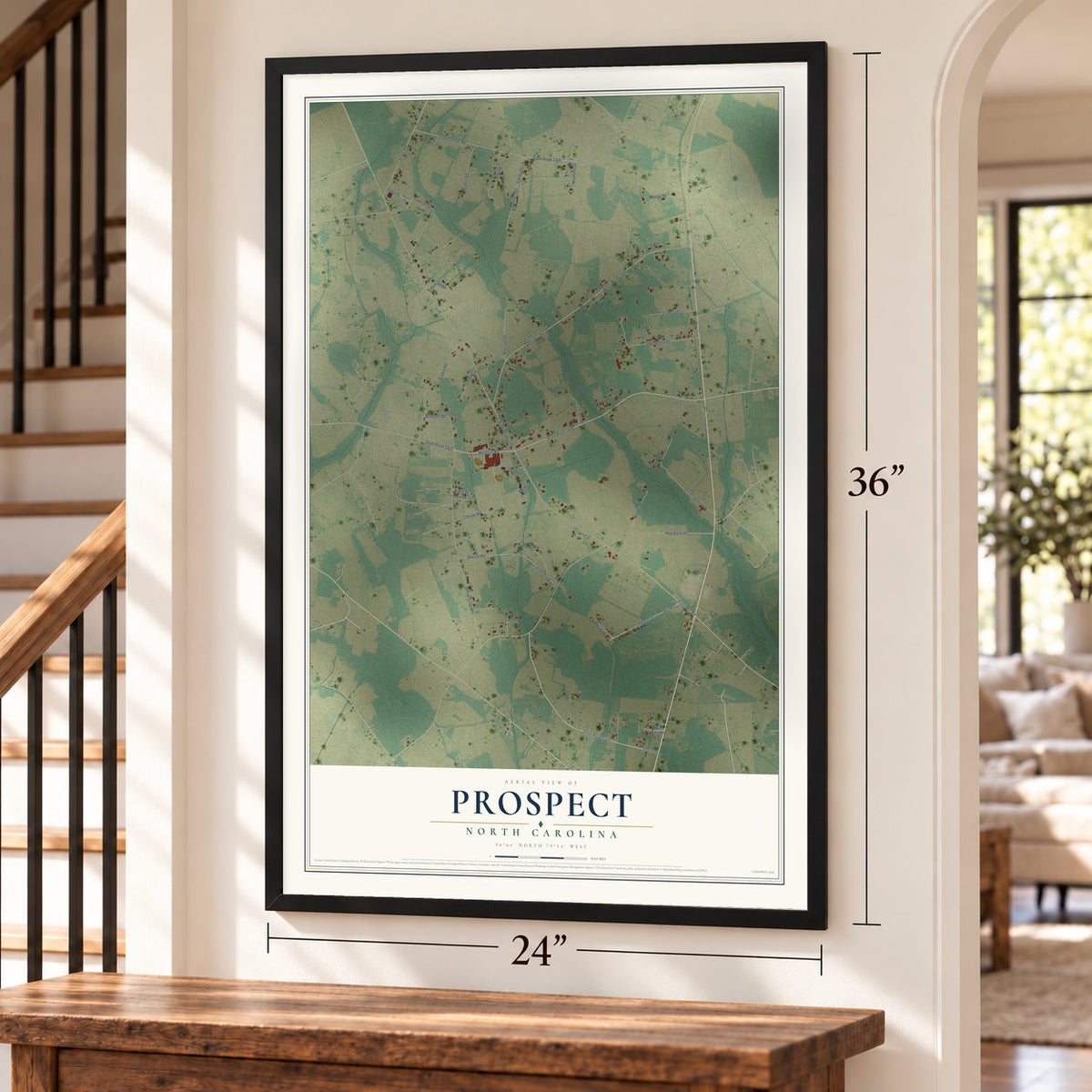 Prospect, North Carolina map, 24 x 36 inch print in a black frame by a staircase