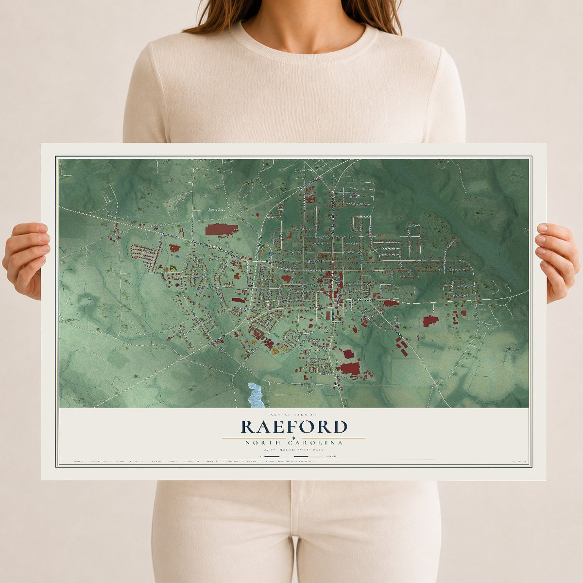 Map of Raeford, North Carolina, 12 x 18 inch unframed archival matte print