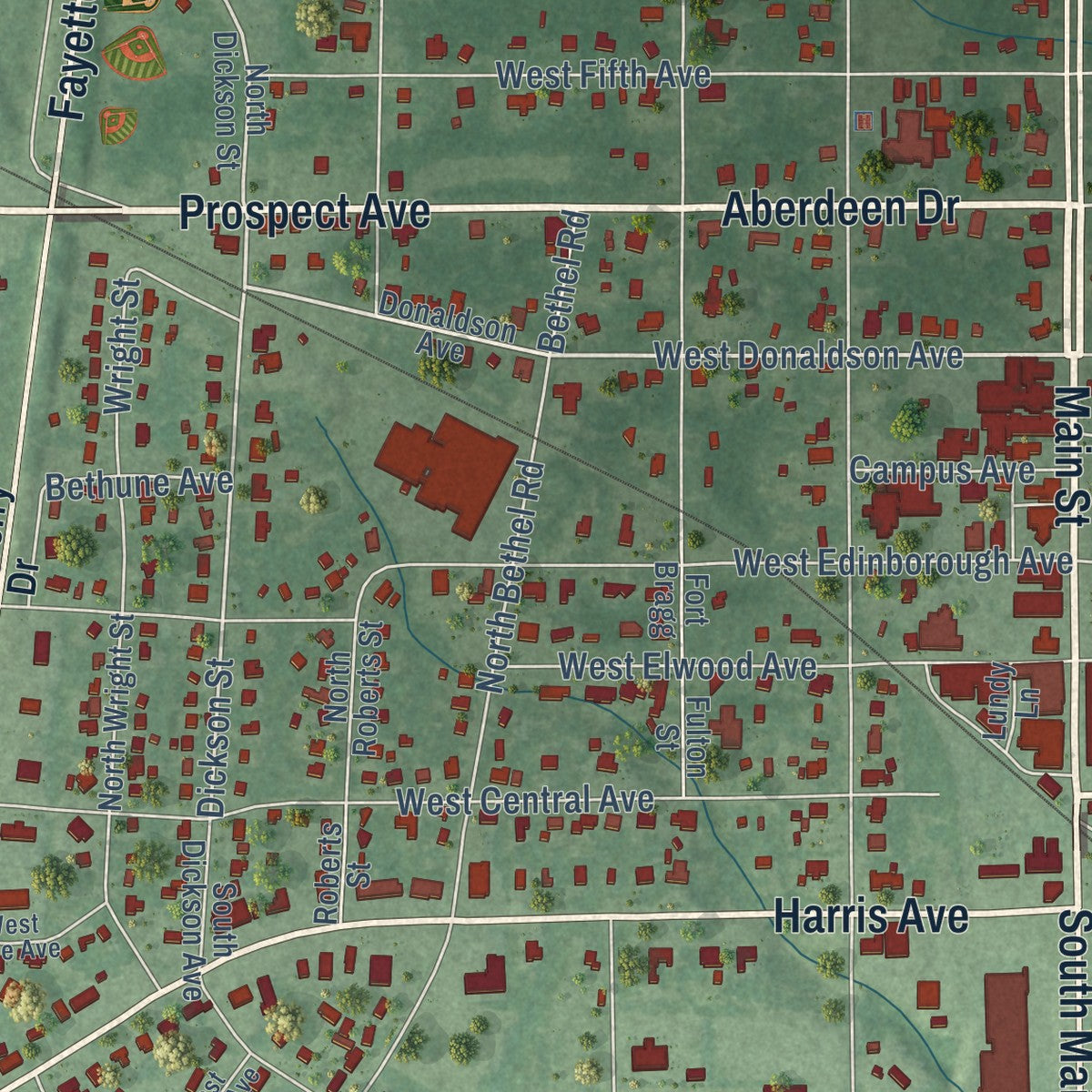 Close-up of the map of Raeford, North Carolina print showing street and building detail