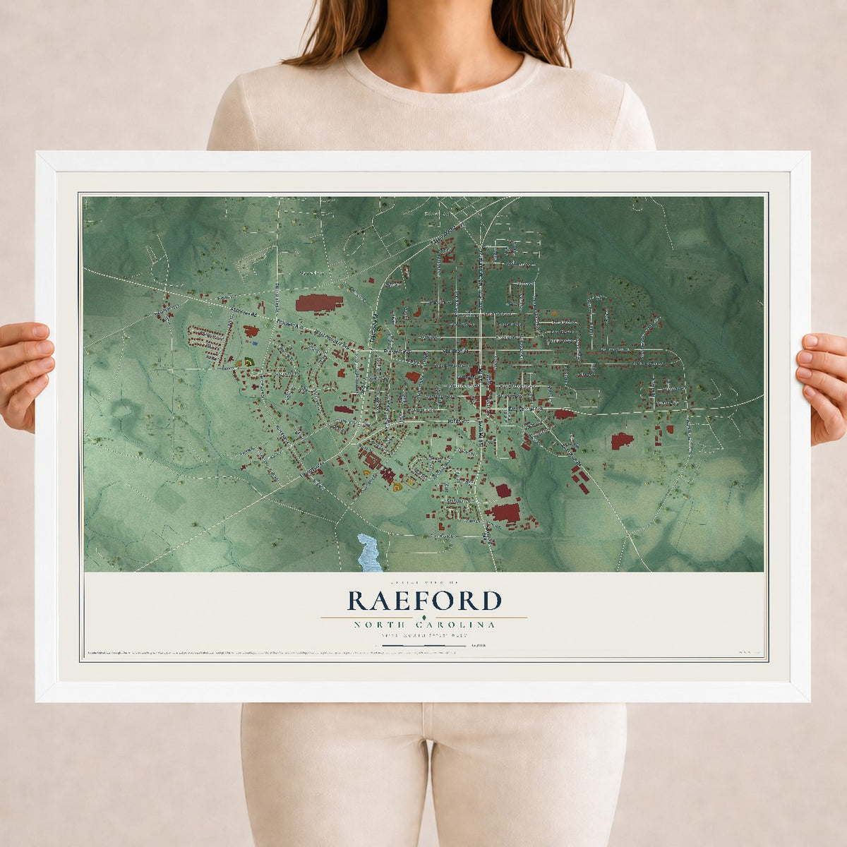 Map of Raeford, North Carolina, 18 x 24 inch print in a white wood frame