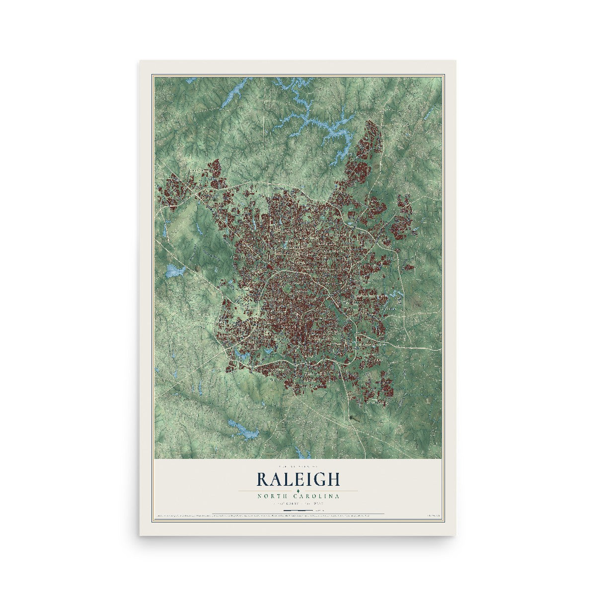 Map of Raleigh, North Carolina, 12 x 18 inch unframed archival matte print