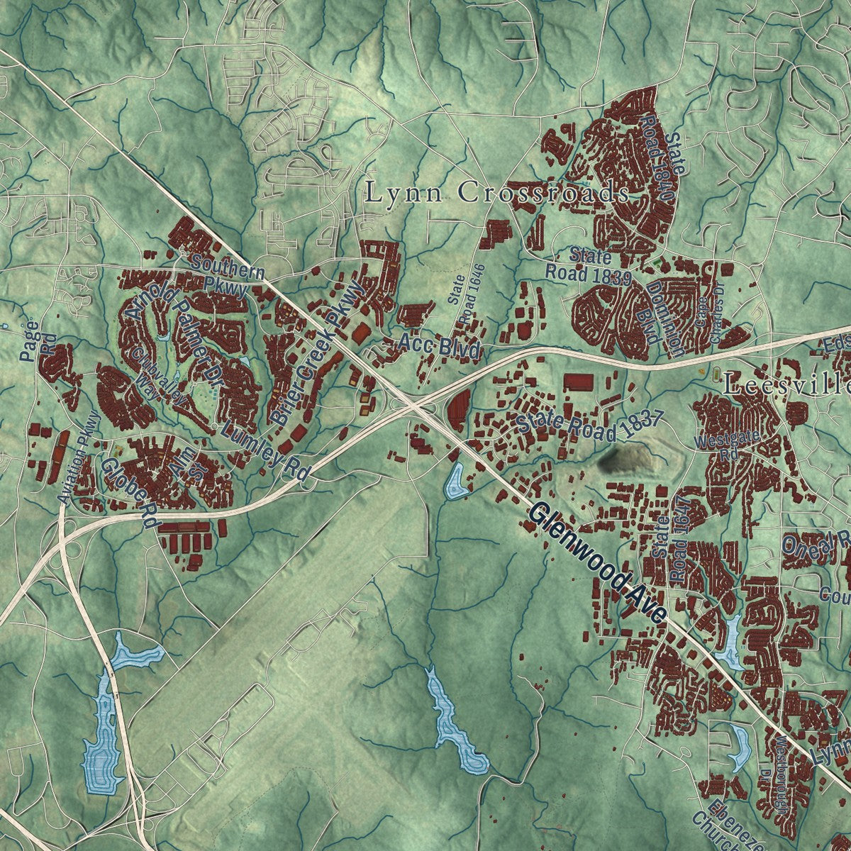 Second close-up of the map of Raleigh, North Carolina print showing more streets and buildings