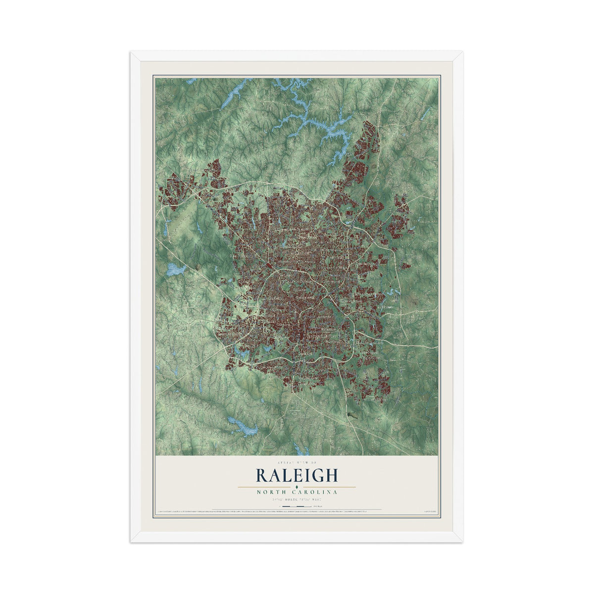 Map of Raleigh, North Carolina, 12 x 18 inch print in a white wood frame