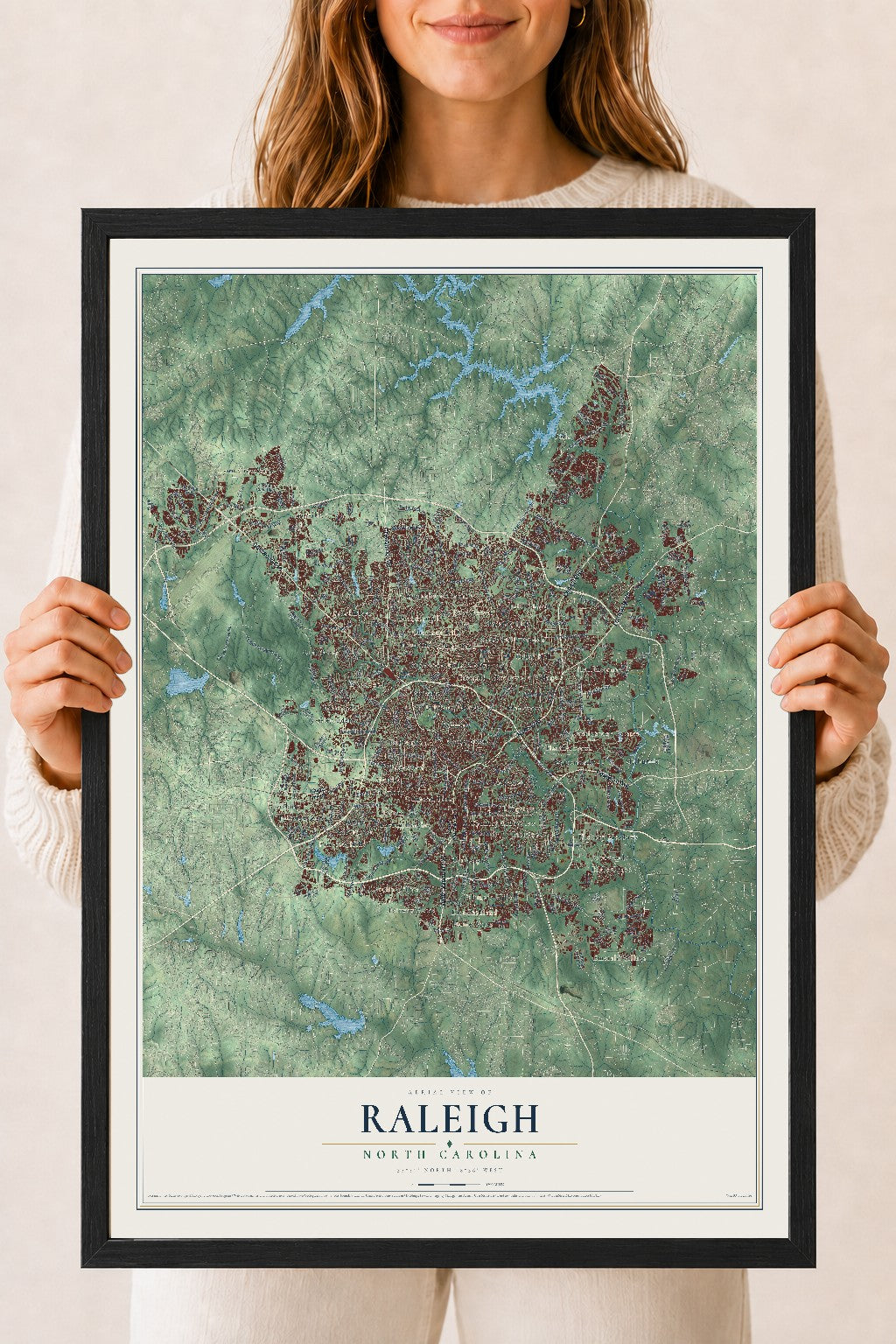 Map of Raleigh, North Carolina, 18 x 24 inch print in a black wood frame