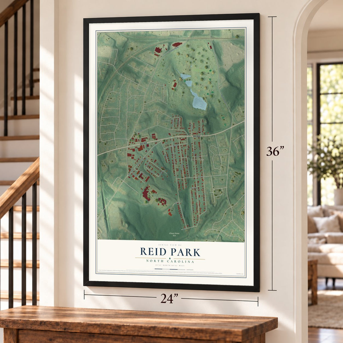 Reid Park, North Carolina map, 24 x 36 inch print in a black frame by a staircase