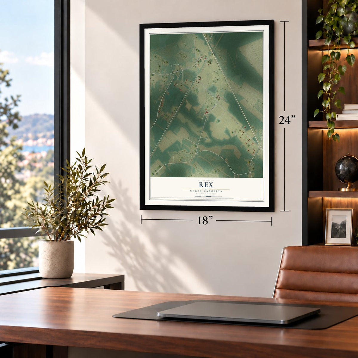 Rex, North Carolina map, 18 x 24 inch print in a black frame in a home office