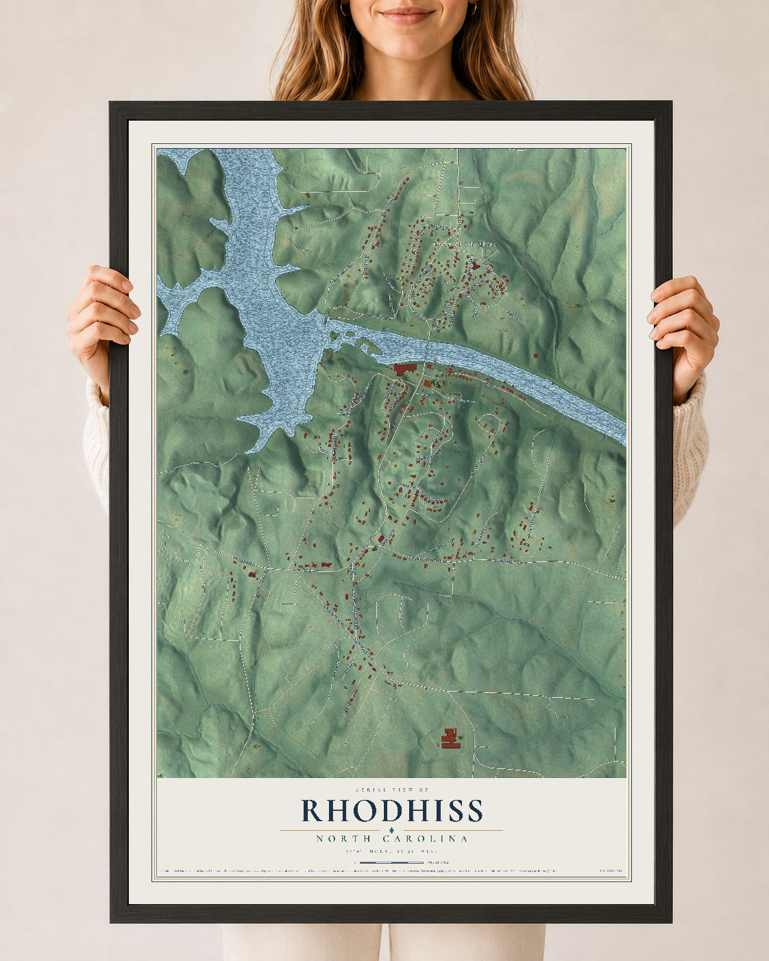 Map of Rhodhiss, North Carolina, 24 x 36 inch print in a black wood frame