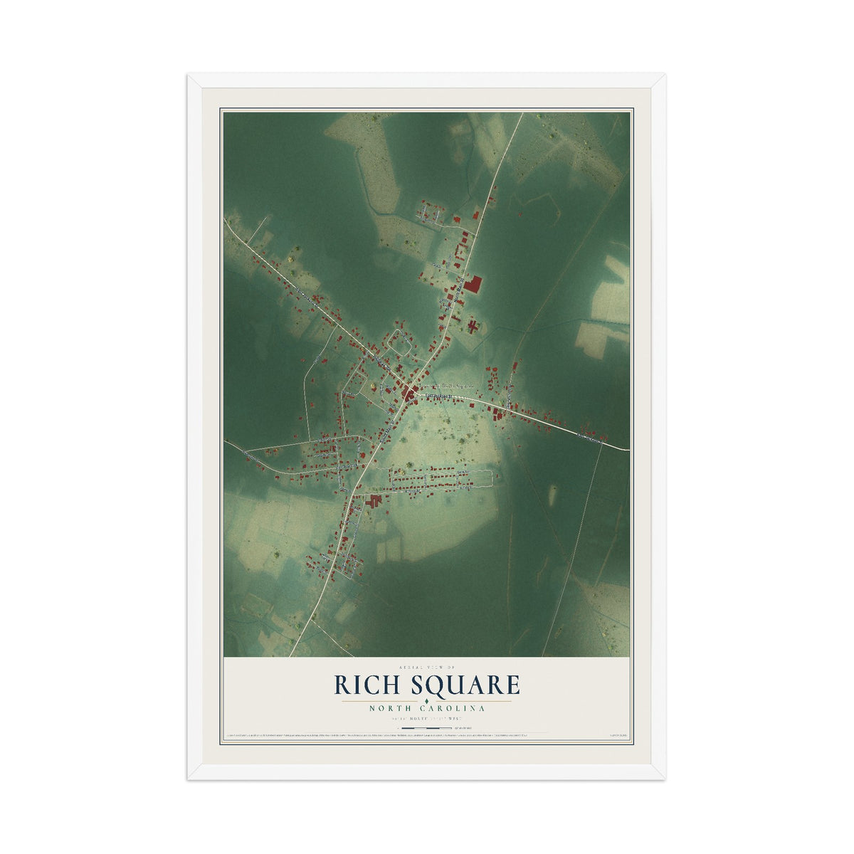 Map of Rich Square, North Carolina, 12 x 18 inch print in a white wood frame