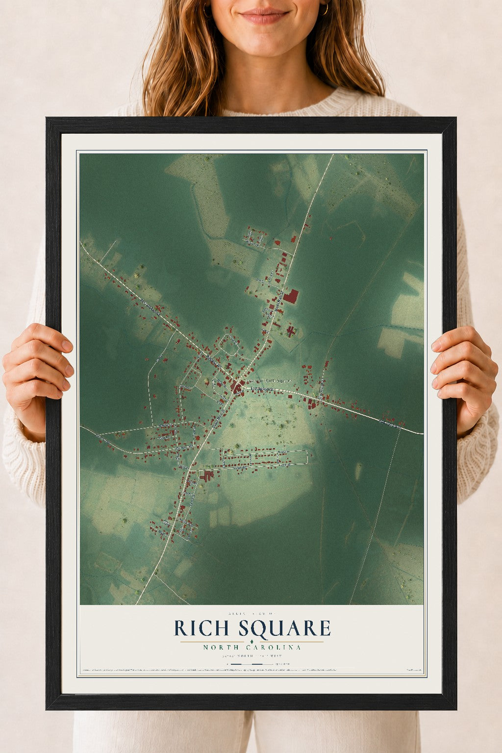 Map of Rich Square, North Carolina, 18 x 24 inch print in a black wood frame