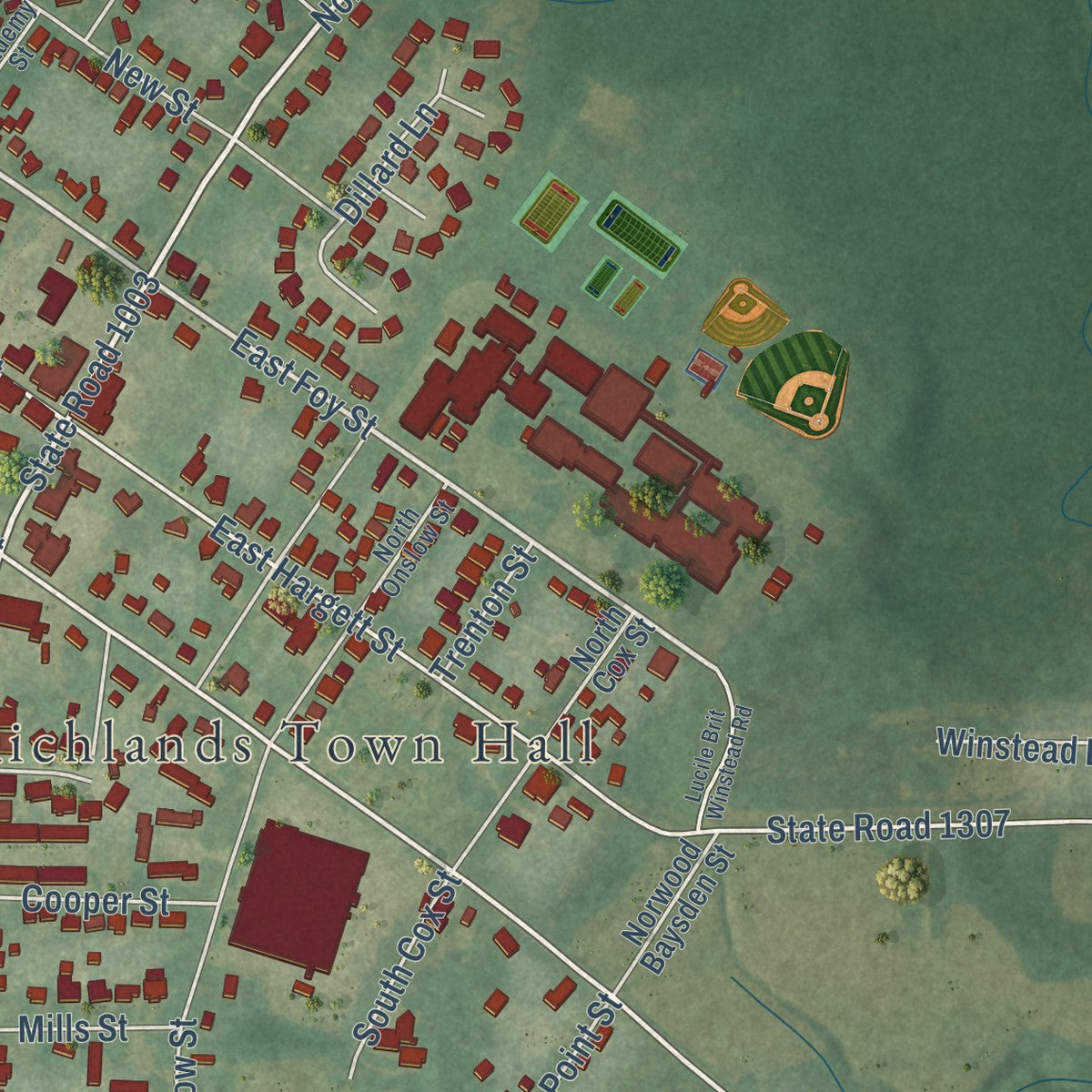 Close-up of the map of Richlands, North Carolina print showing street and building detail