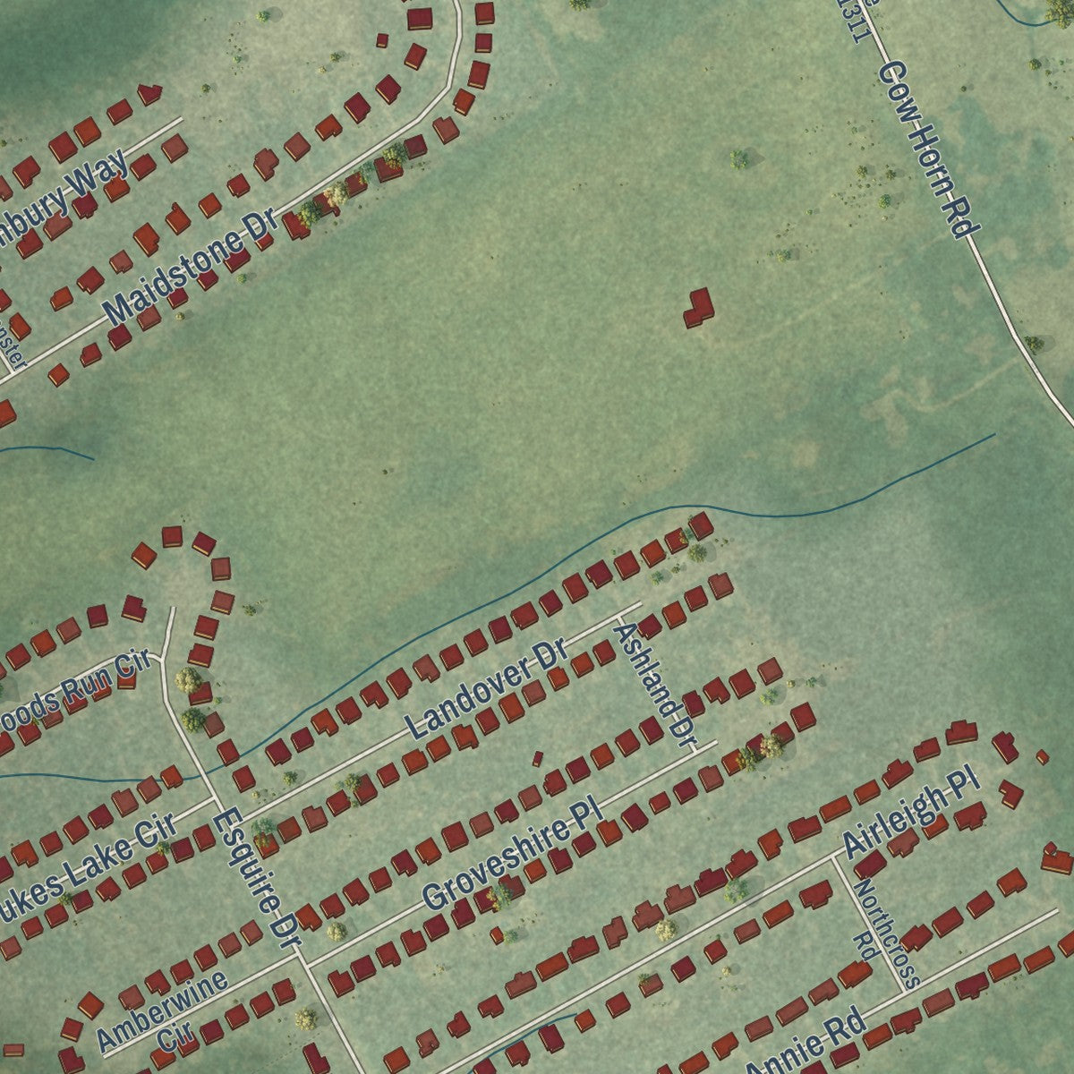 Second close-up of the map of Richlands, North Carolina print showing more streets and buildings