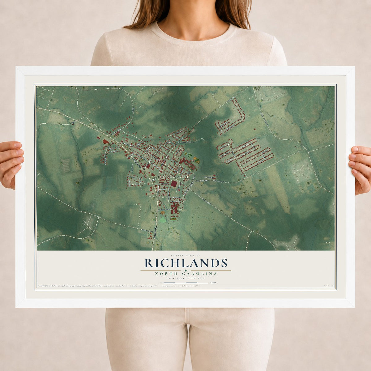 Map of Richlands, North Carolina, 18 x 24 inch print in a white wood frame