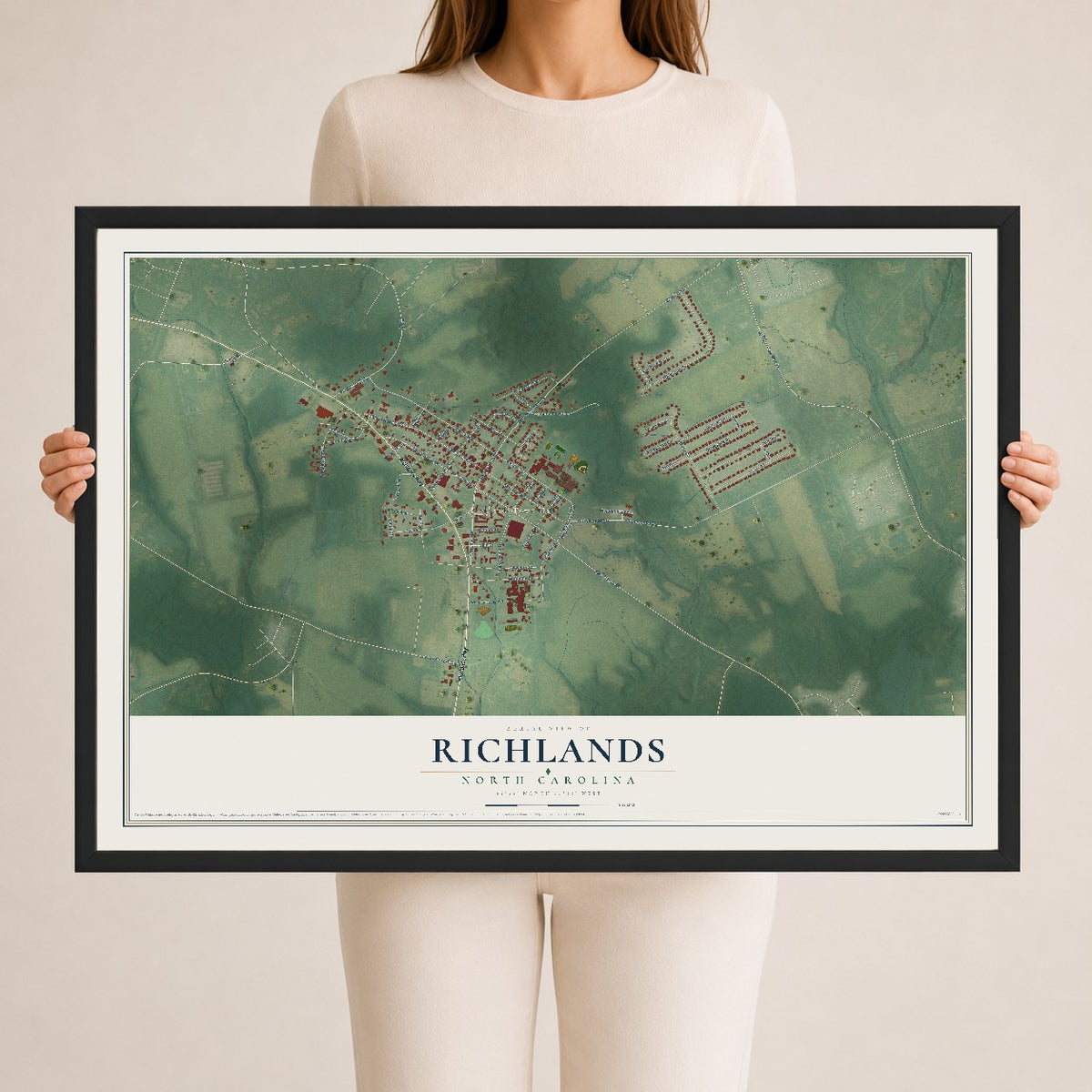 Map of Richlands, North Carolina, 24 x 36 inch print in a black wood frame