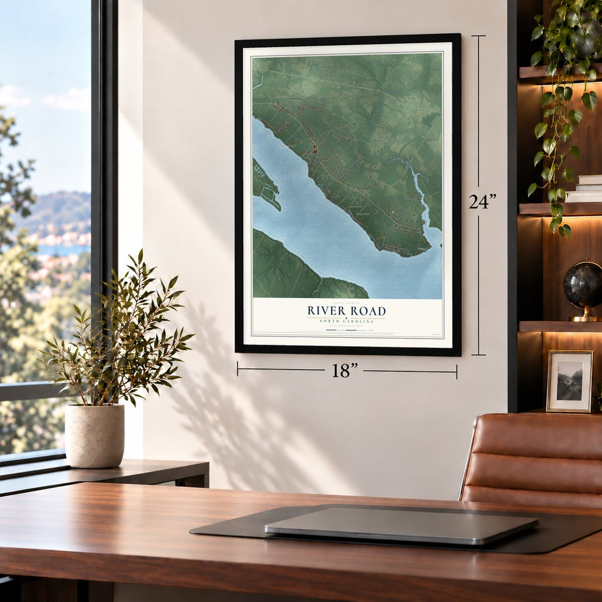 River Road, North Carolina map, 18 x 24 inch print in a black frame in a home office