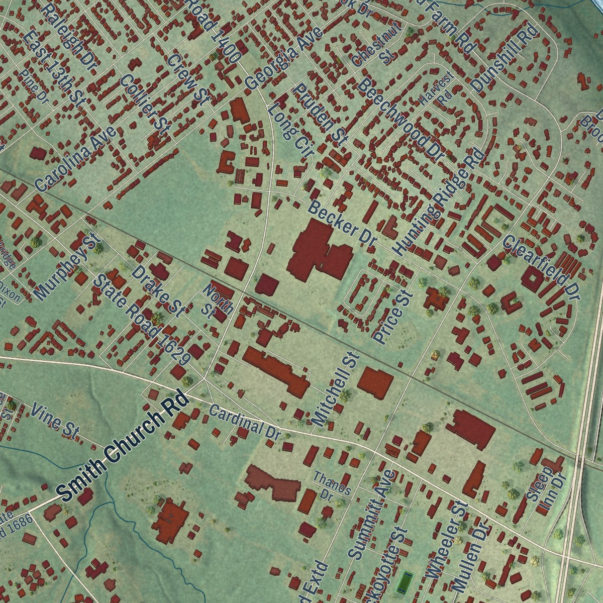 Second close-up of the map of Roanoke Rapids, North Carolina print showing more streets and buildings