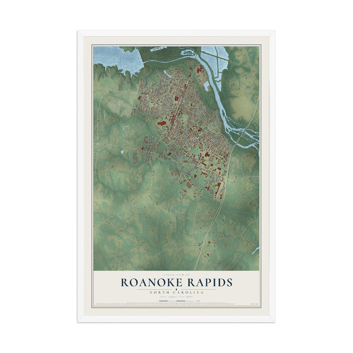 Map of Roanoke Rapids, North Carolina, 12 x 18 inch print in a white wood frame