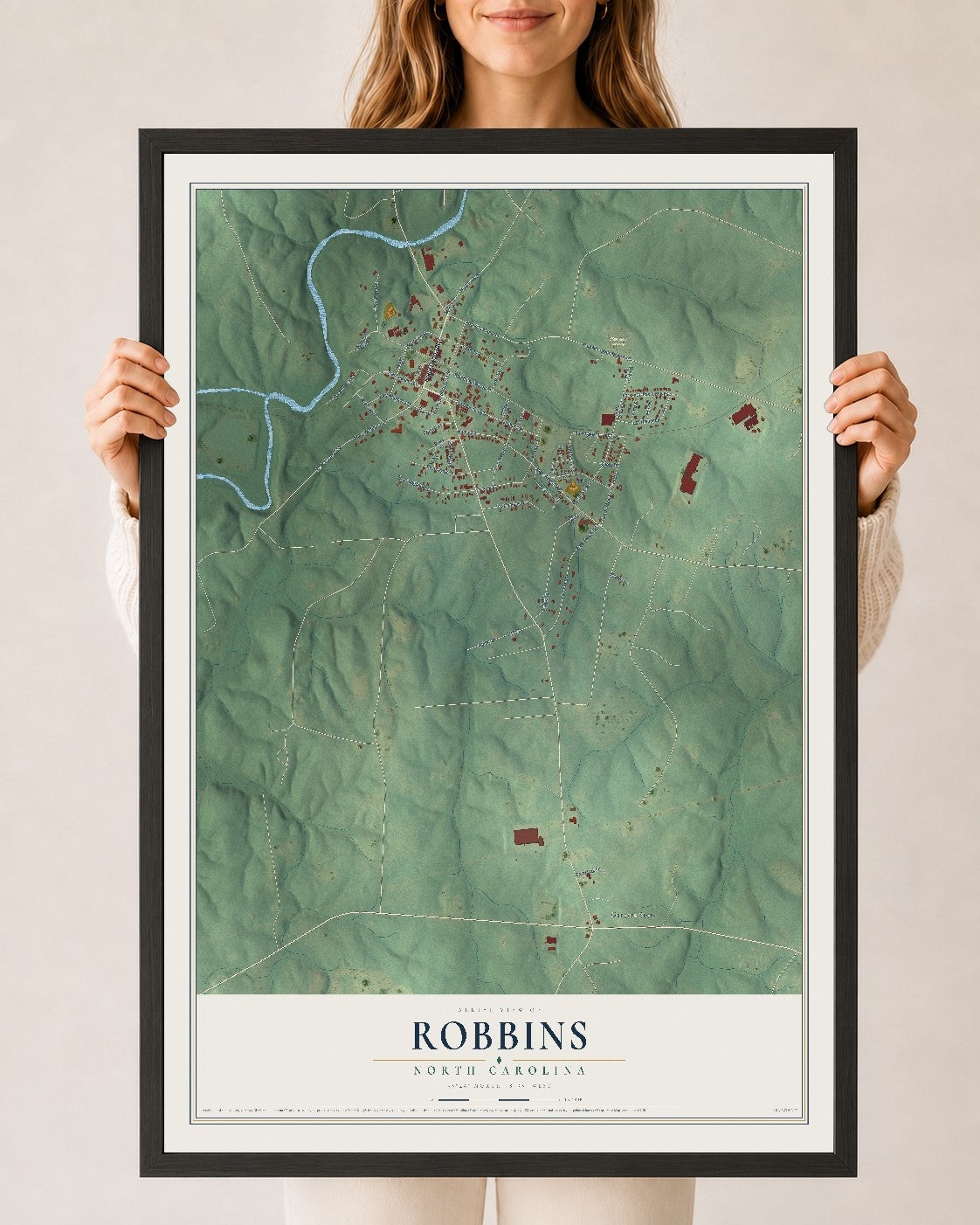Map of Robbins, North Carolina, 24 x 36 inch print in a black wood frame