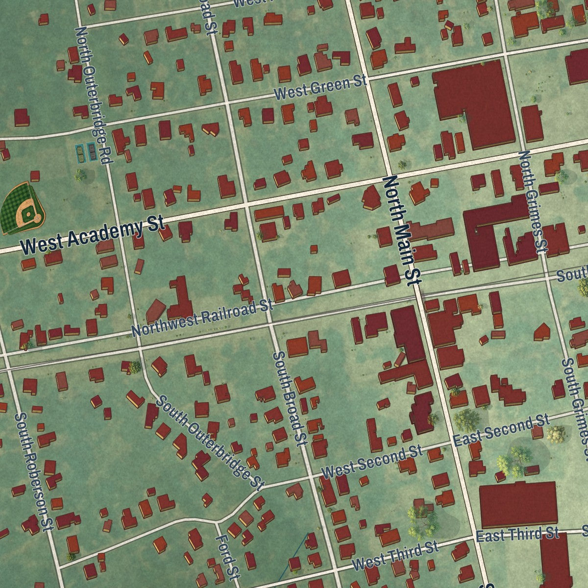 Close-up of the map of Robersonville, North Carolina print showing street and building detail