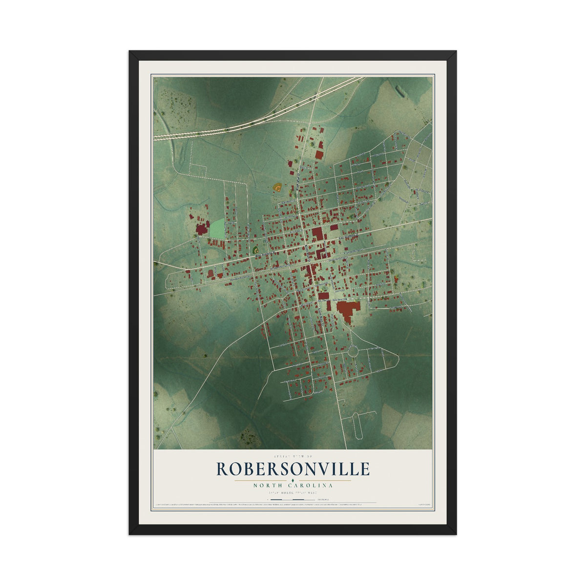Map of Robersonville, North Carolina, 12 x 18 inch print in a black wood frame