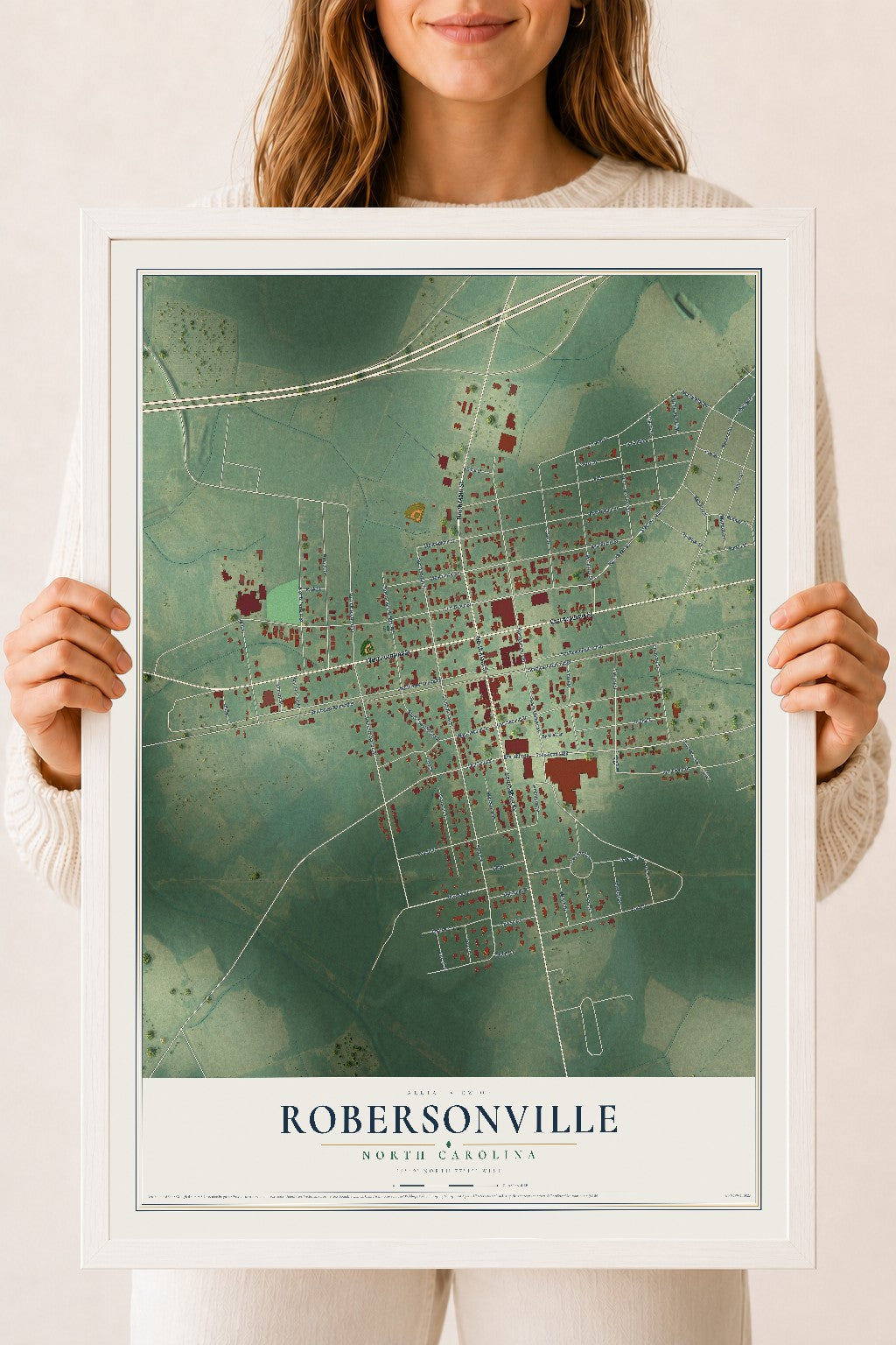 Map of Robersonville, North Carolina, 18 x 24 inch print in a white wood frame