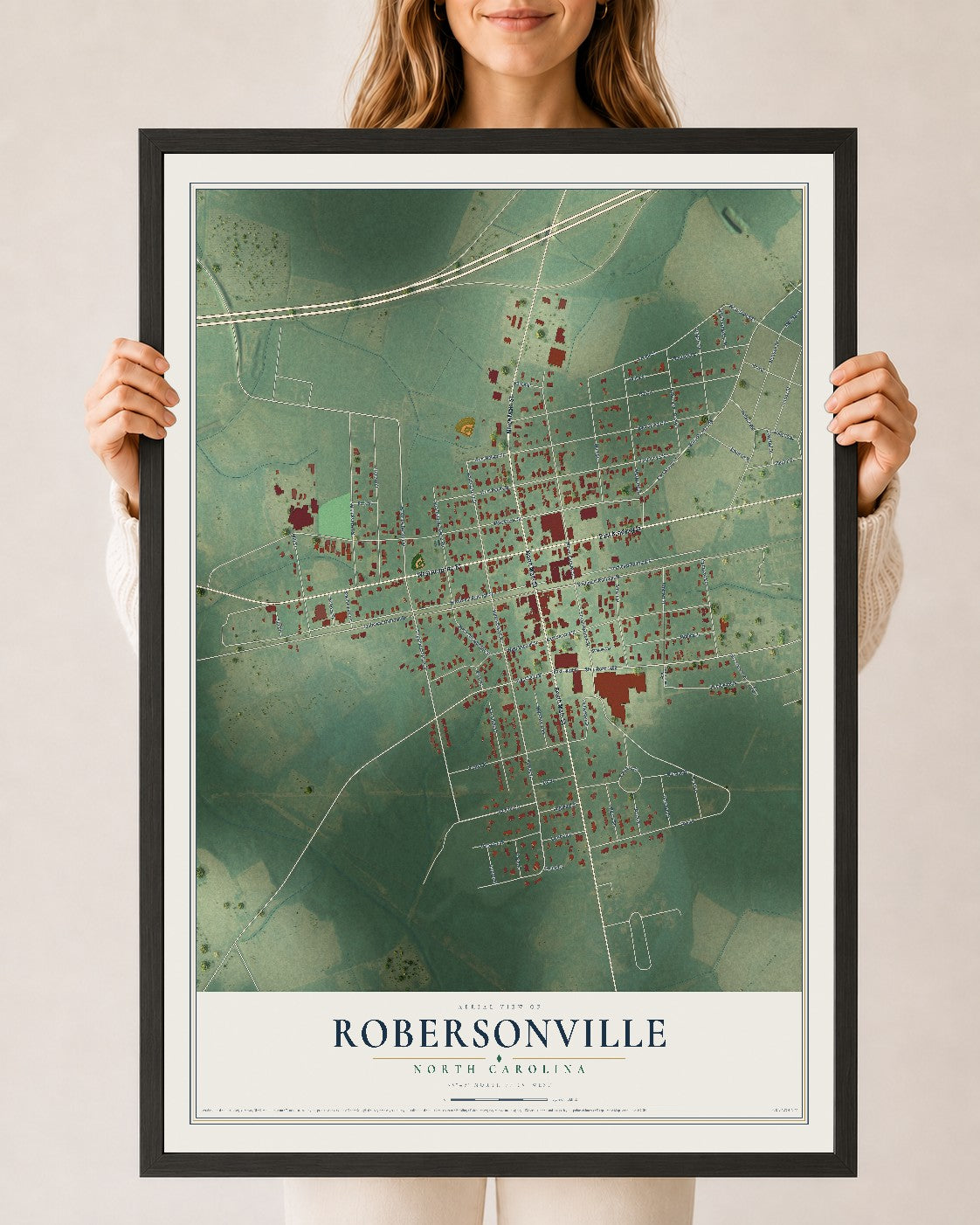 Map of Robersonville, North Carolina, 24 x 36 inch print in a black wood frame