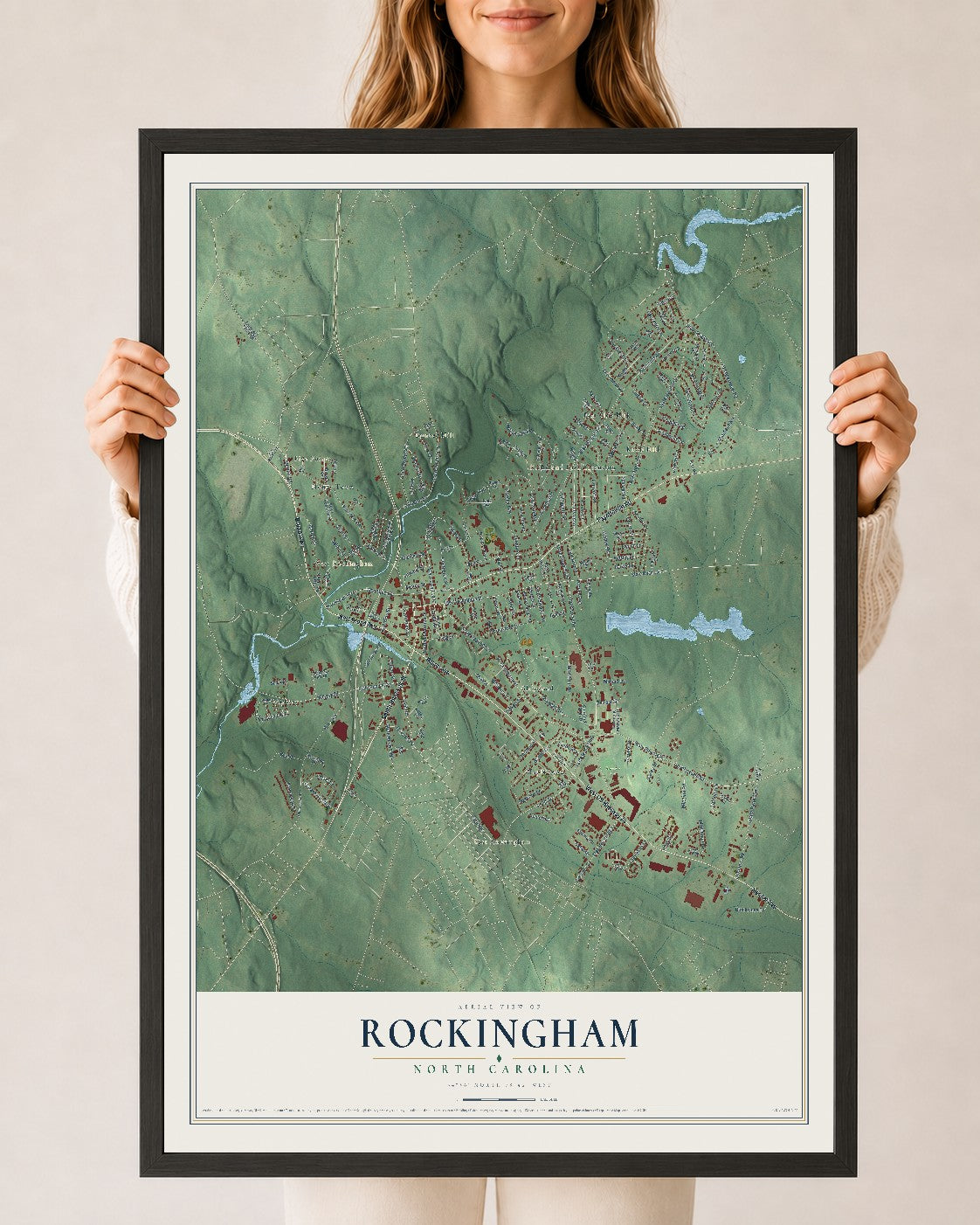 Map of Rockingham, North Carolina, 24 x 36 inch print in a black wood frame
