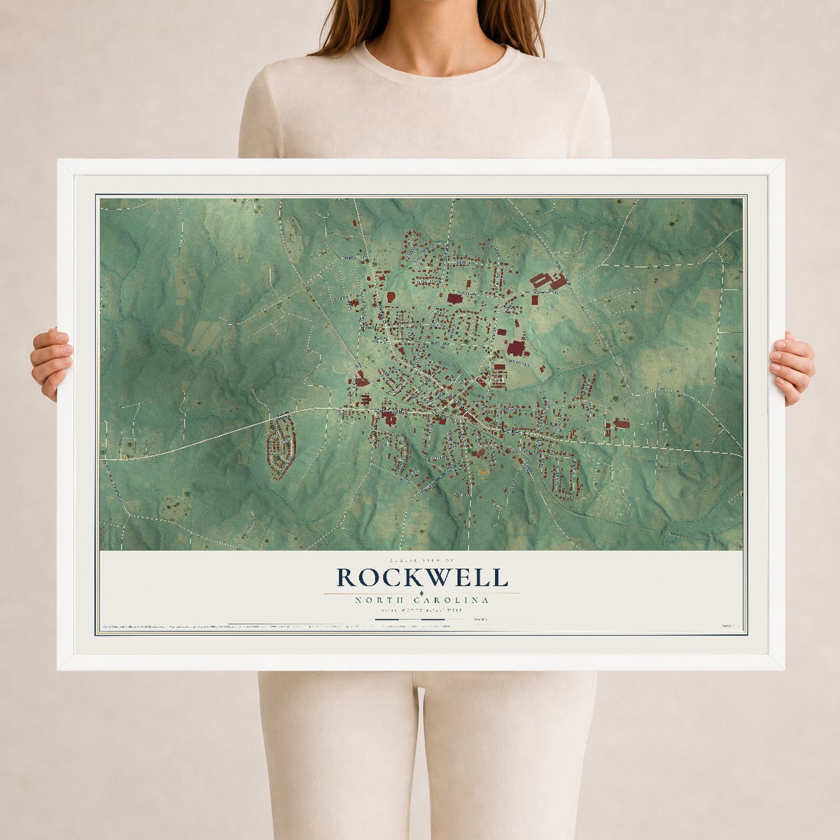 Map of Rockwell, North Carolina, 24 x 36 inch print in a white wood frame