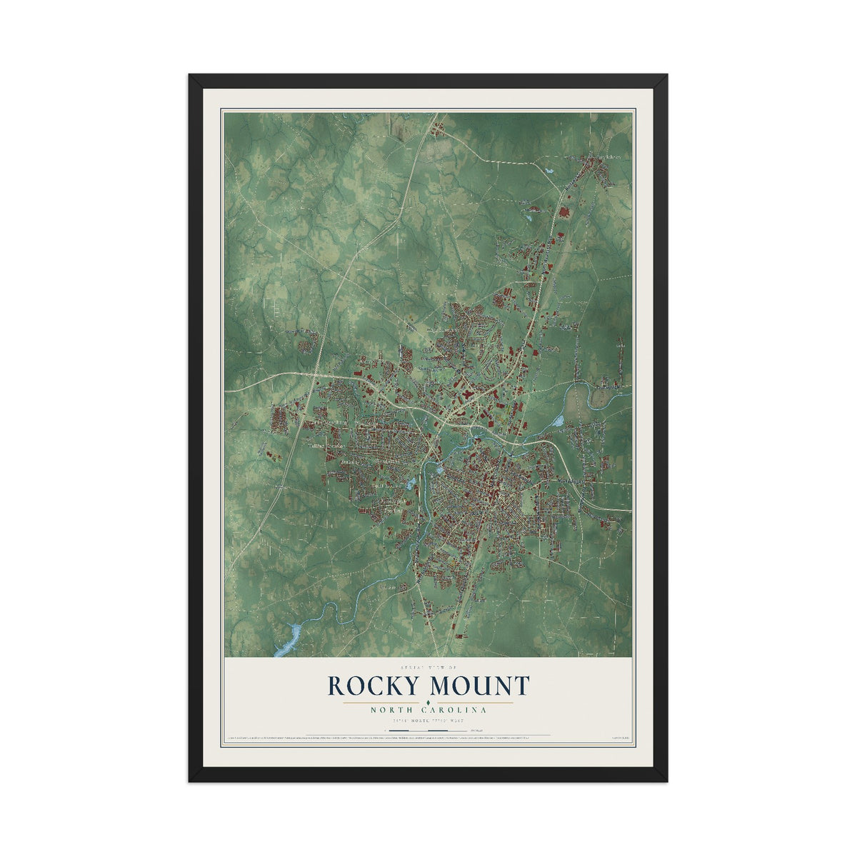 Map of Rocky Mount, North Carolina, 12 x 18 inch print in a black wood frame