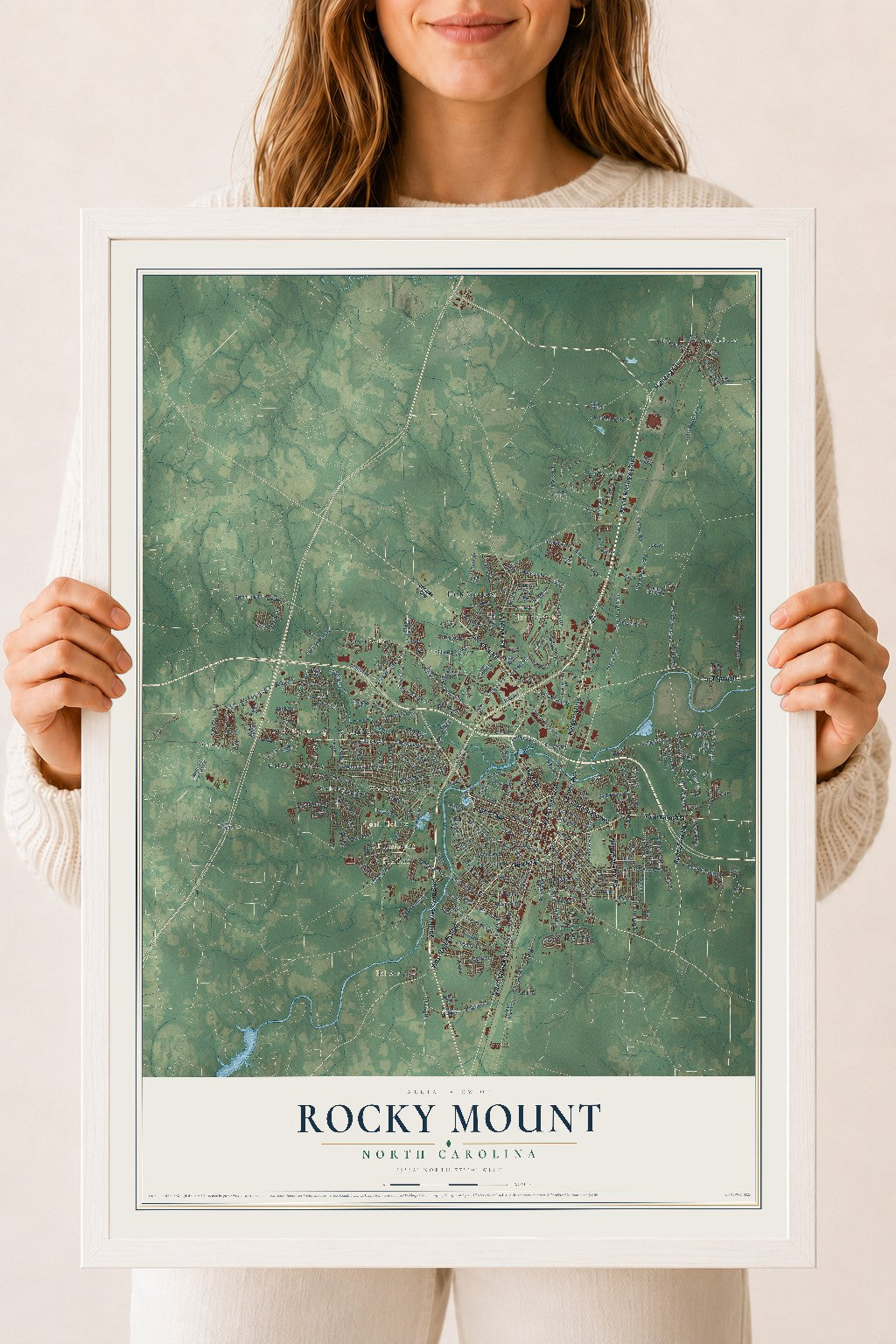 Map of Rocky Mount, North Carolina, 18 x 24 inch print in a white wood frame
