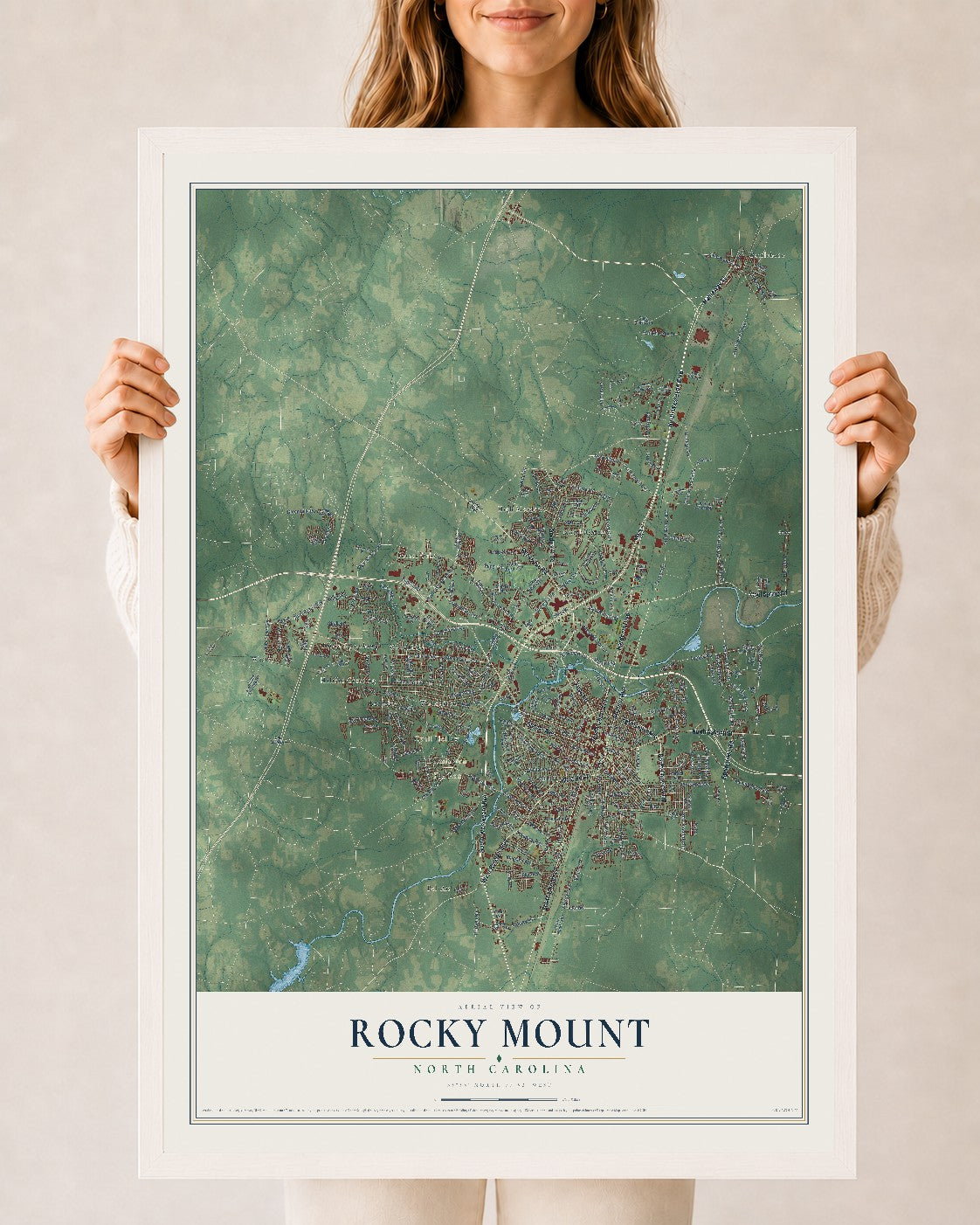 Map of Rocky Mount, North Carolina, 24 x 36 inch print in a white wood frame