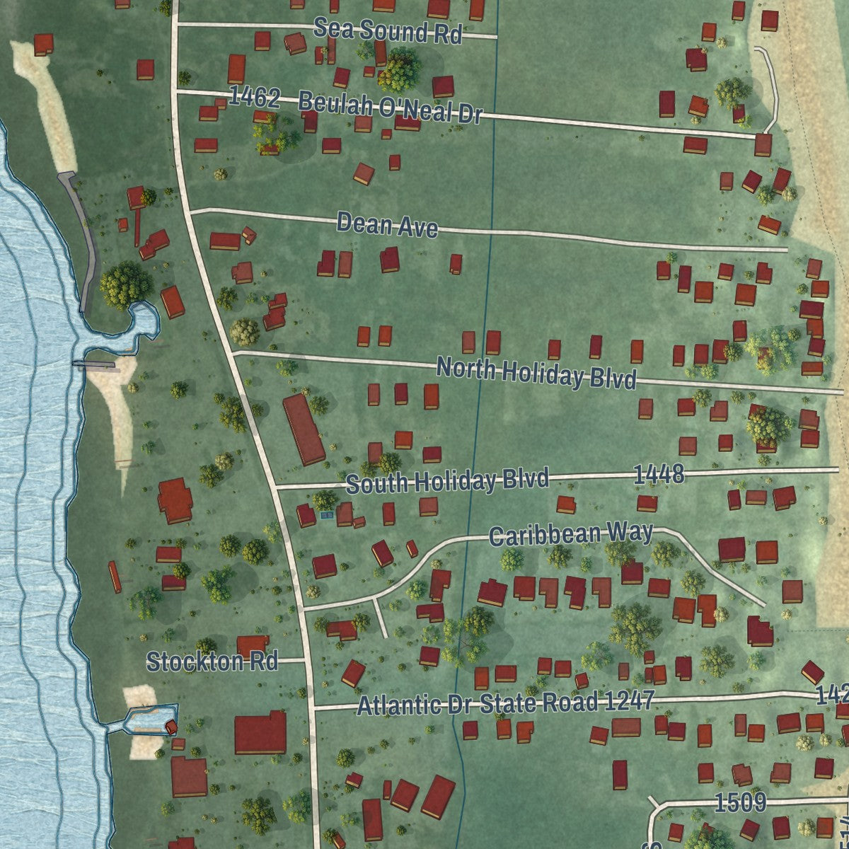 Close-up of the map of Rodanthe, North Carolina print showing street and building detail