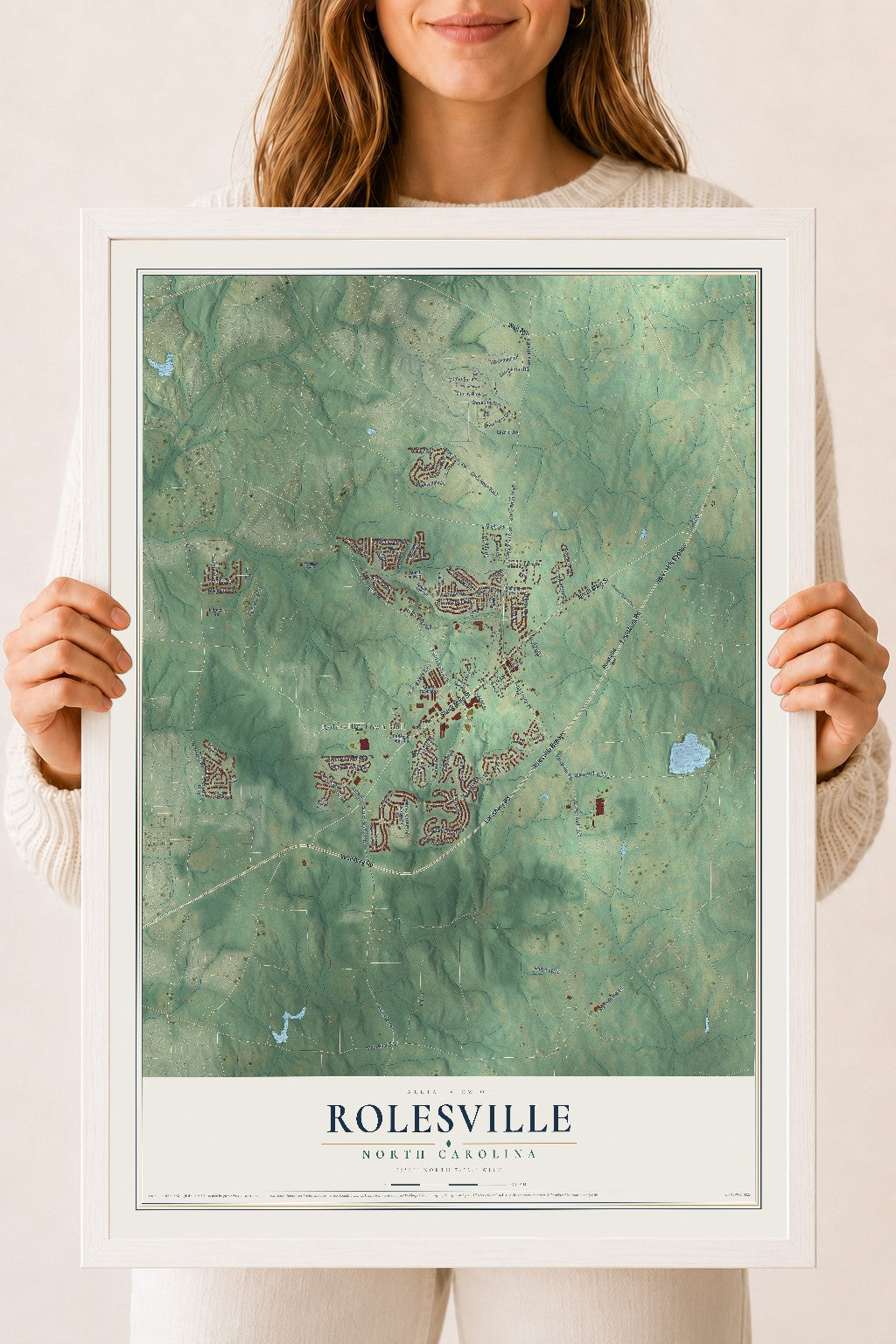 Map of Rolesville, North Carolina, 18 x 24 inch print in a white wood frame