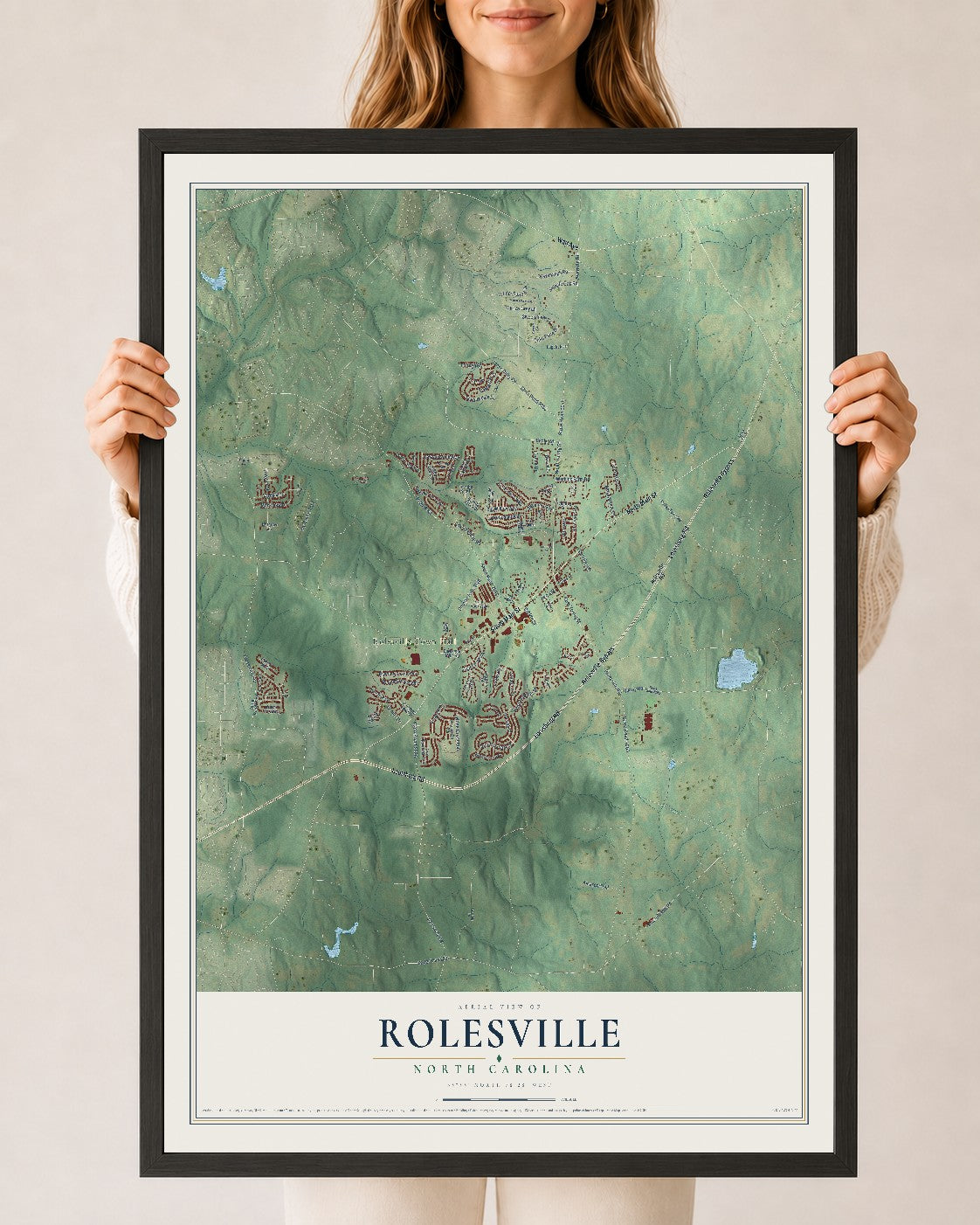 Map of Rolesville, North Carolina, 24 x 36 inch print in a black wood frame