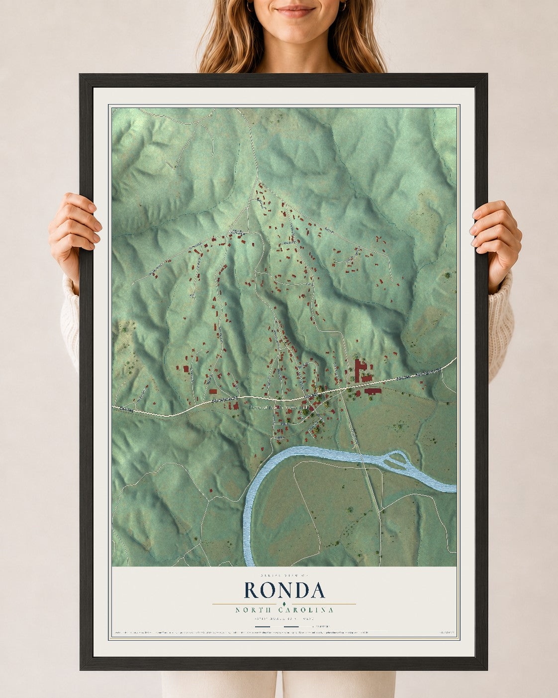 Map of Ronda, North Carolina, 24 x 36 inch print in a black wood frame