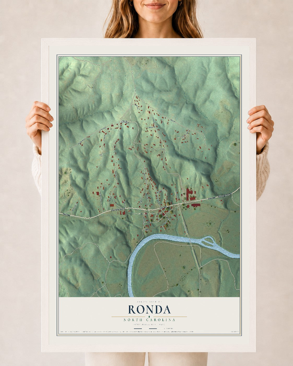 Map of Ronda, North Carolina, 24 x 36 inch print in a white wood frame